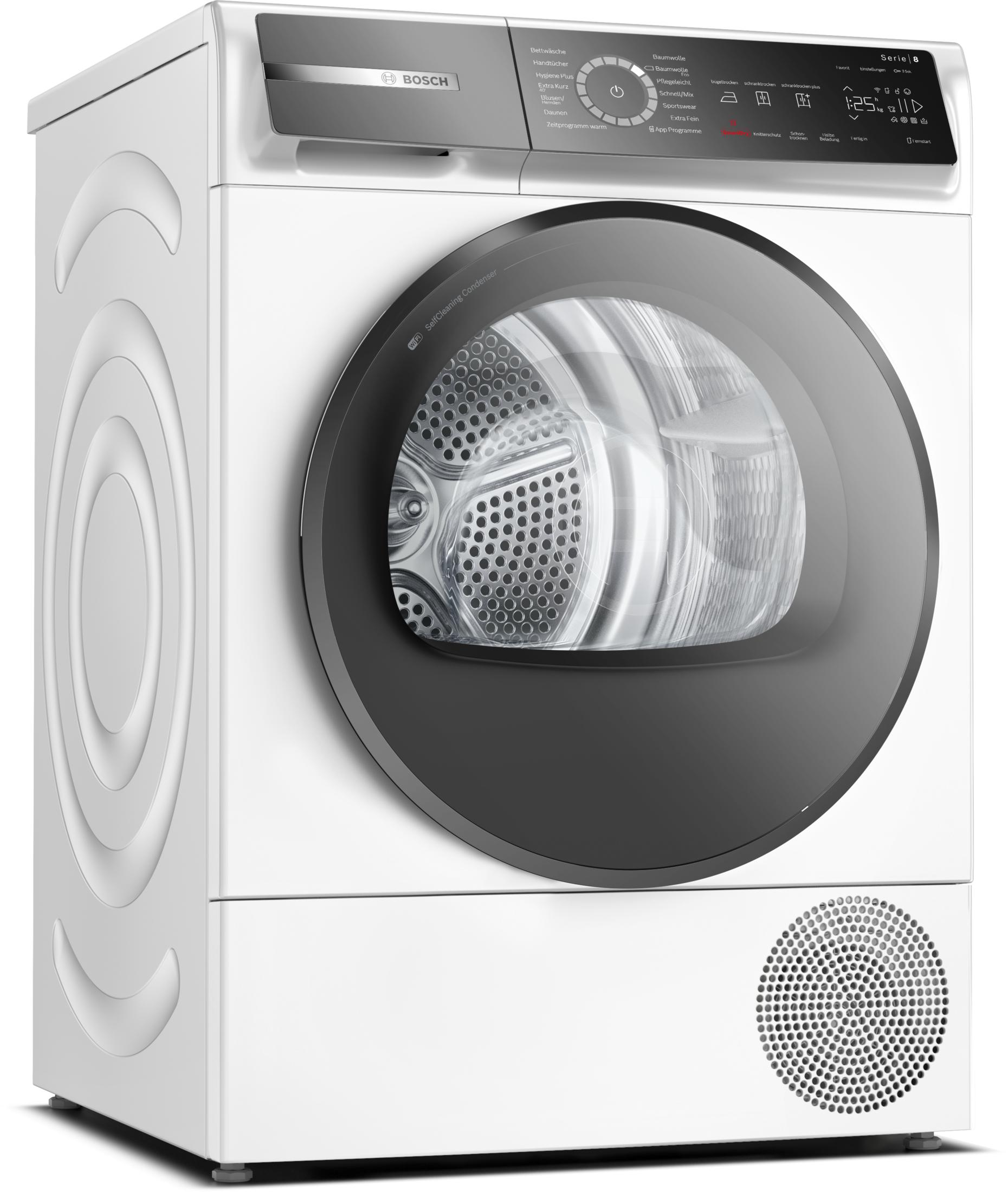 Eine weiße Bosch Wäschetrockner-Serie 8 mit digitalem Display und runder Tür.