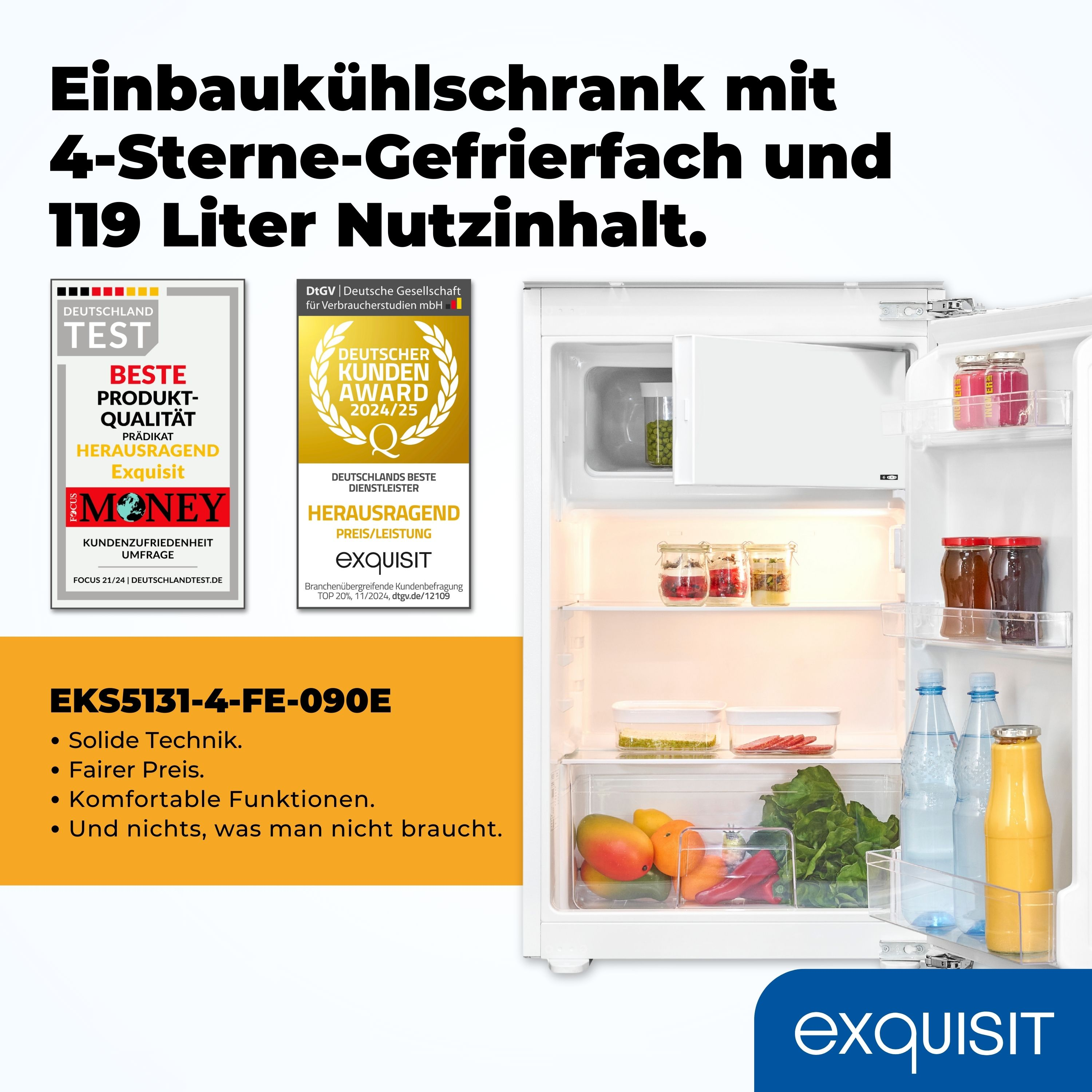 Einbaukühlschrank mit 4 Sternen Gefrierfach, 119L Inhalt, Auszeichnungen.