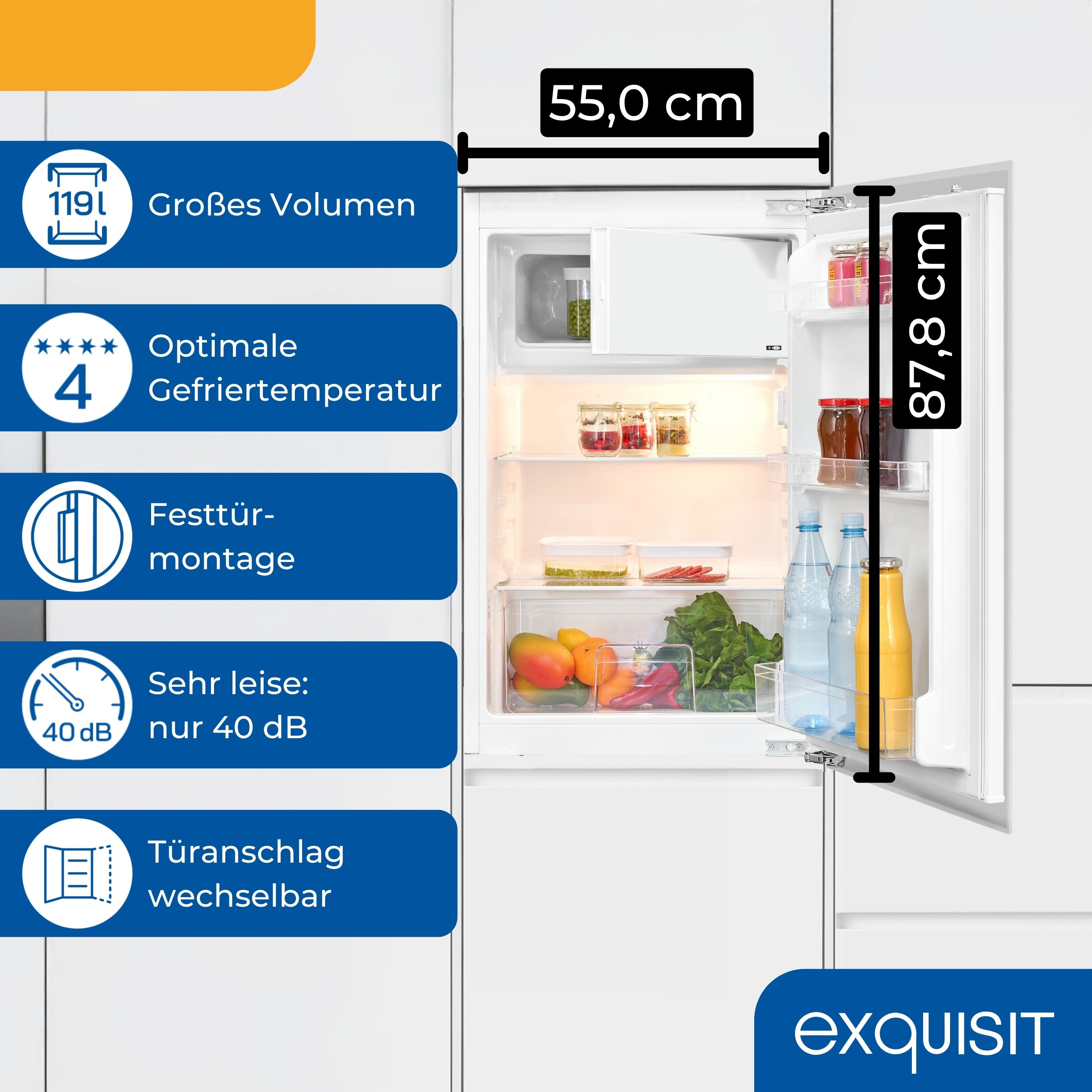 Ein Kühlschrank mit 55 cm Breite und 87,8 cm Höhe, gefüllt mit Lebensmitteln.