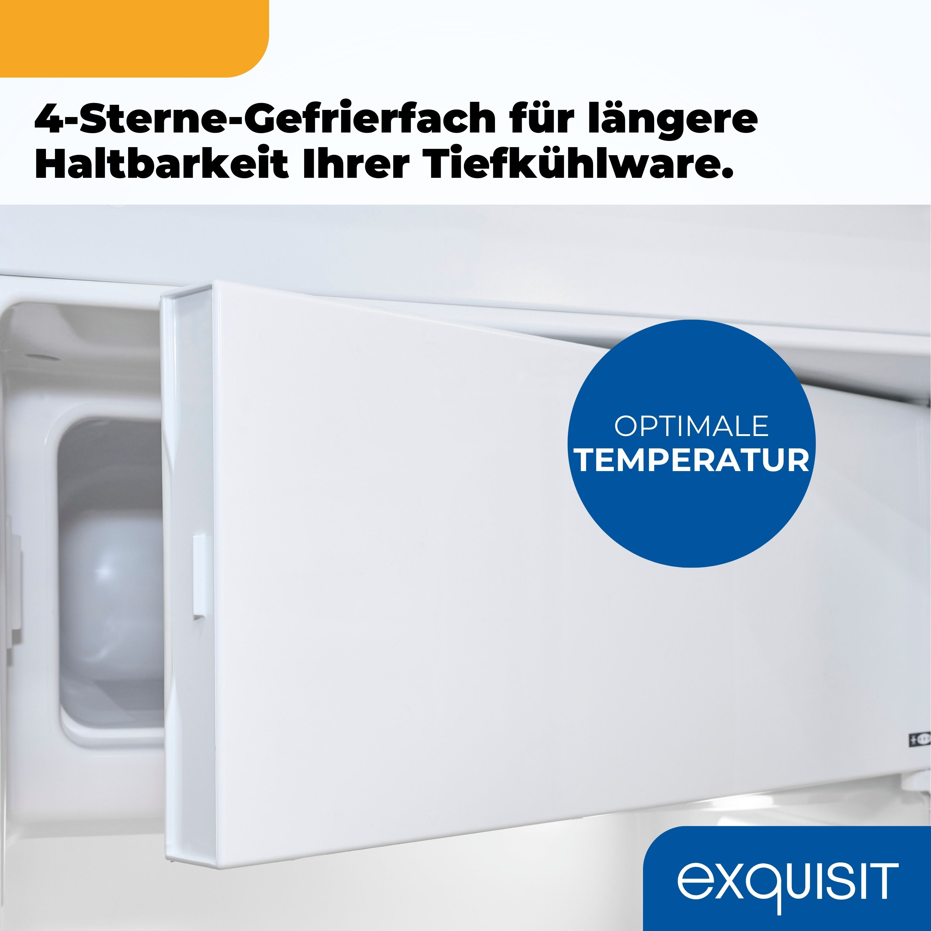 Ein offenes weißes Gefrierfach mit einem blauen Kreis, der 'Optimale Temperatur' anzeigt.