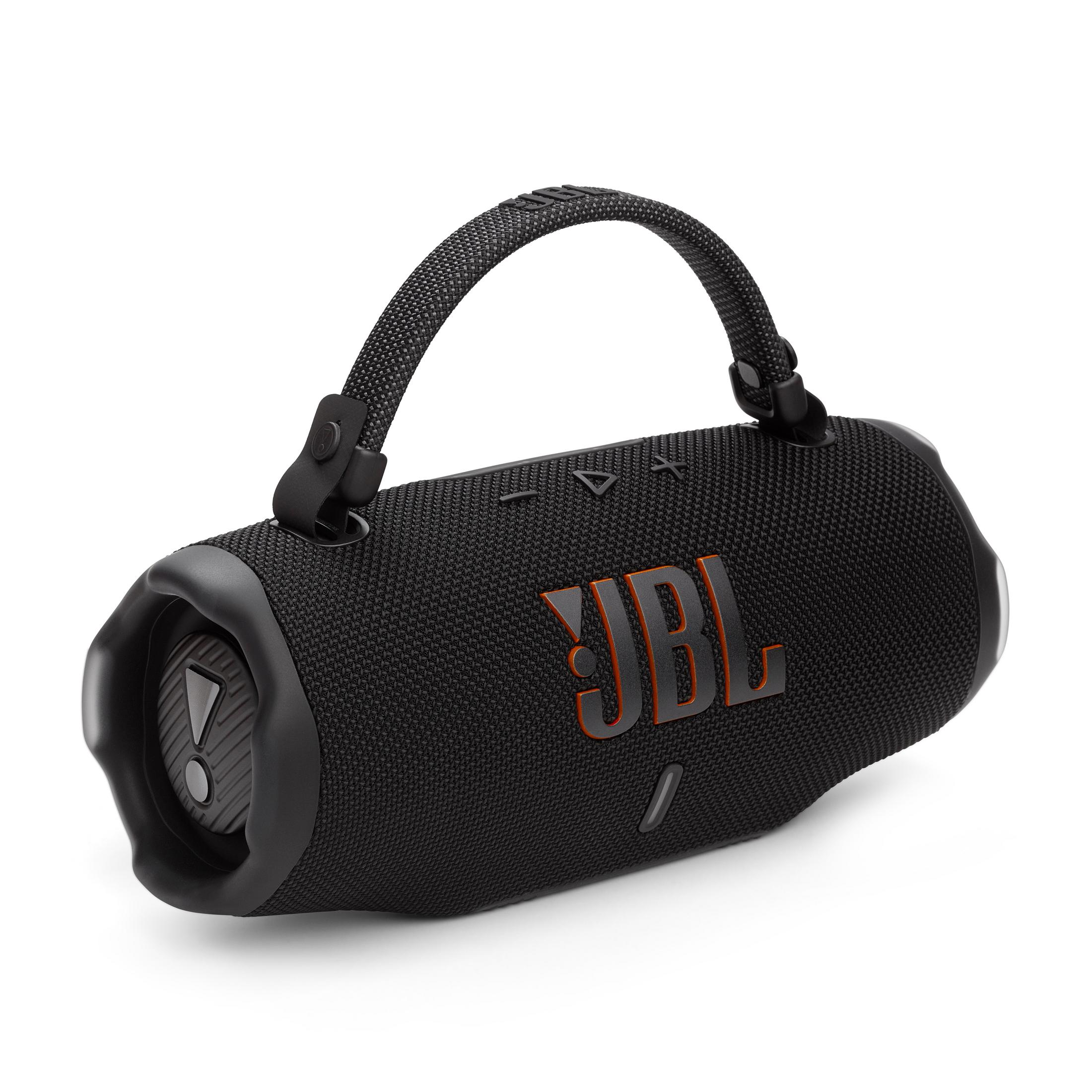 Altoparlante Bluetooth JBL nero con manico e logo arancione.