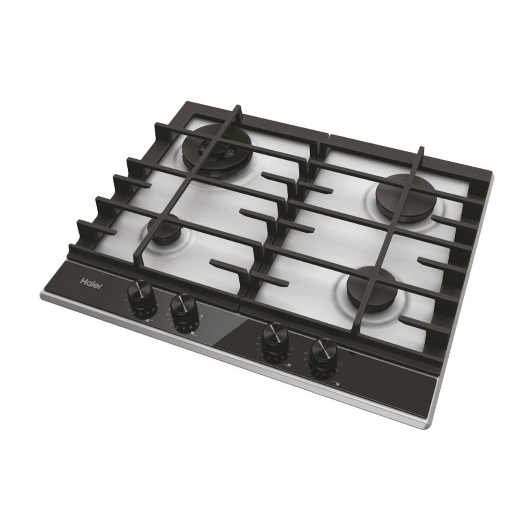 Una cocina de gas Haier de cuatro quemadores con superficie de acero inoxidable.