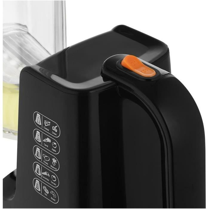 Primo piano di un elettrodomestico nero con pulsante arancione e icone.