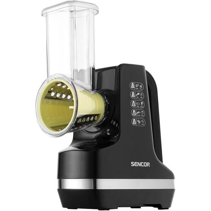 Un robot da cucina Sencor nero con tramoggia trasparente e scivolo giallo.