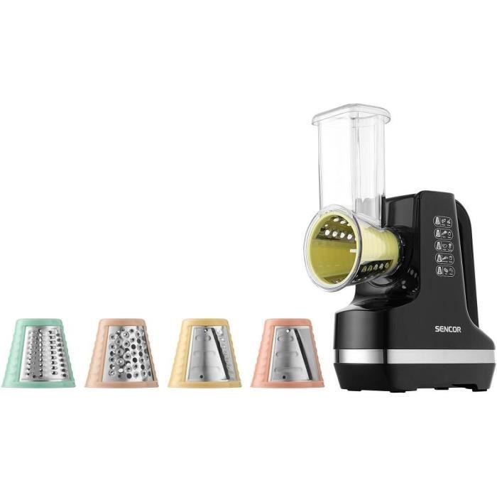 Un robot da cucina SENCOR nero con quattro accessori: verde, rosa, giallo, rosa.