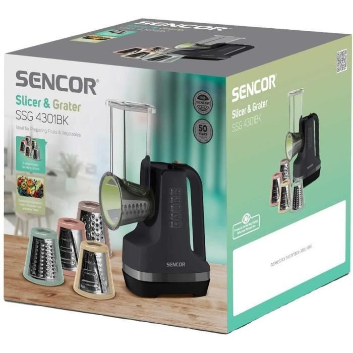 Affettatrice e grattugia elettrica SENCOR SSG 4301BK con accessori sulla scatola.