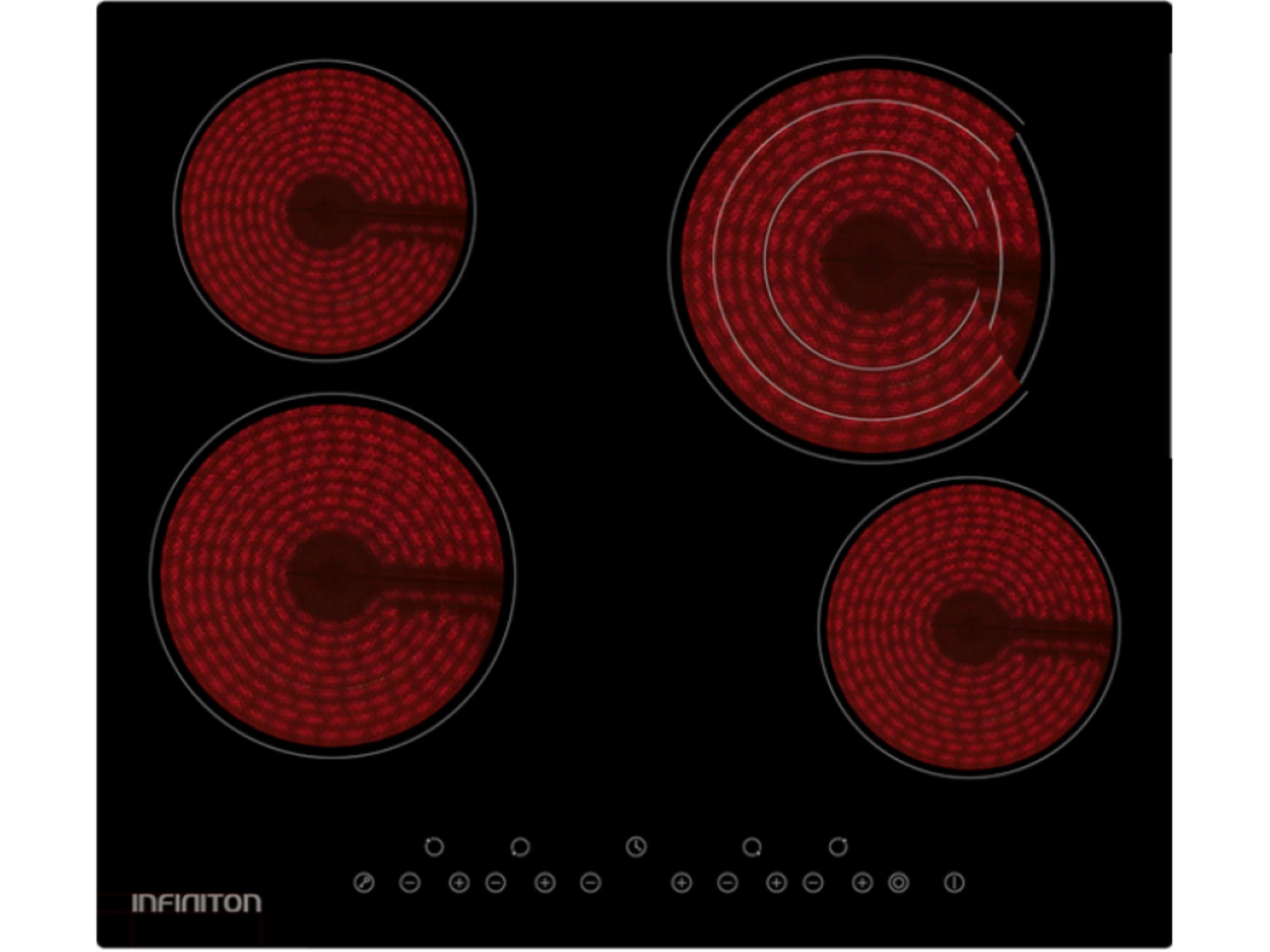 Piano cottura nero con quattro spirali riscaldanti rosse e controlli touch.