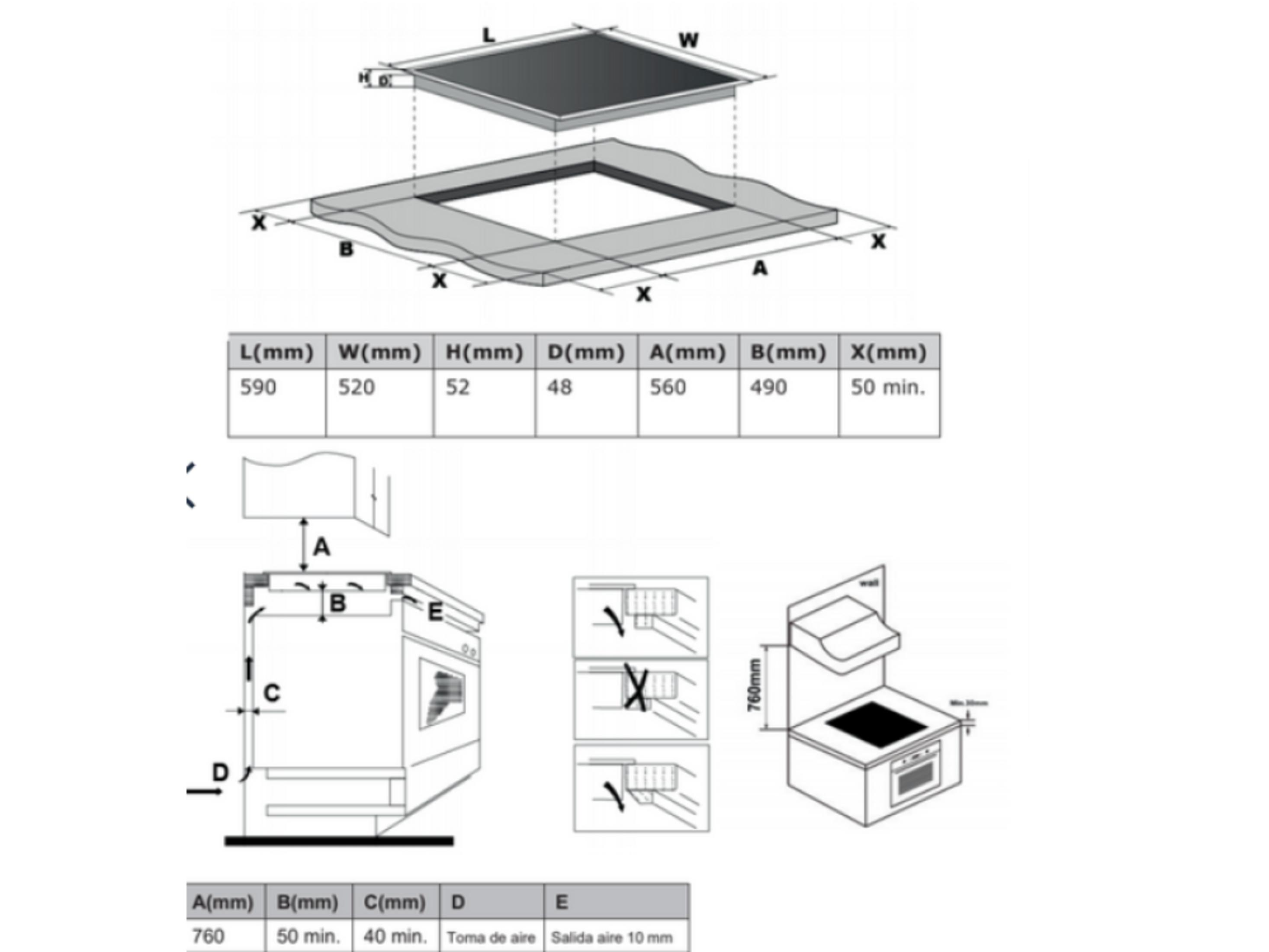 Disegni tecnici con dimensioni per elettrodomestici da incasso e guide all'installazione.