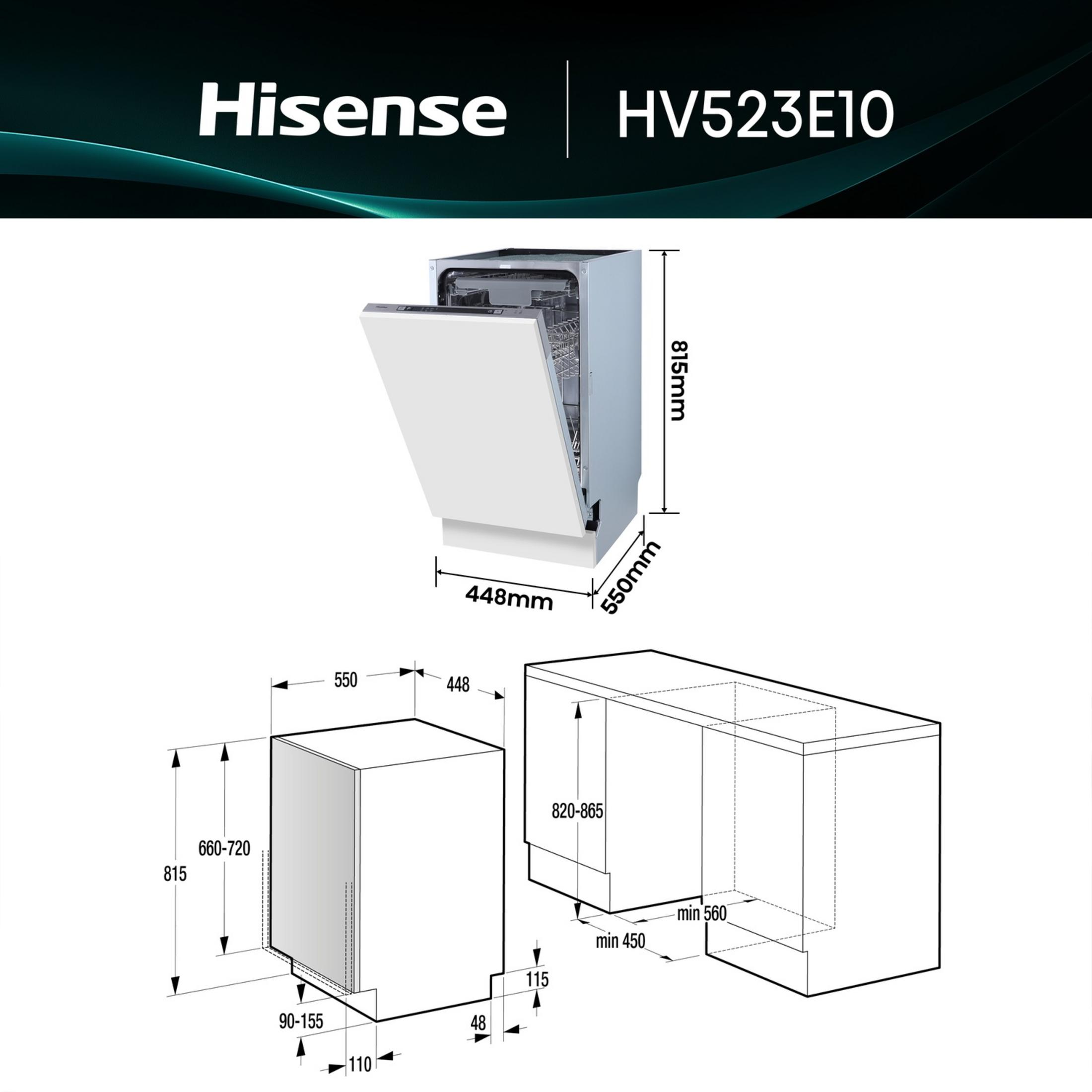 Mostra una lavastoviglie Hisense HV523E10 con disegni dimensionali.