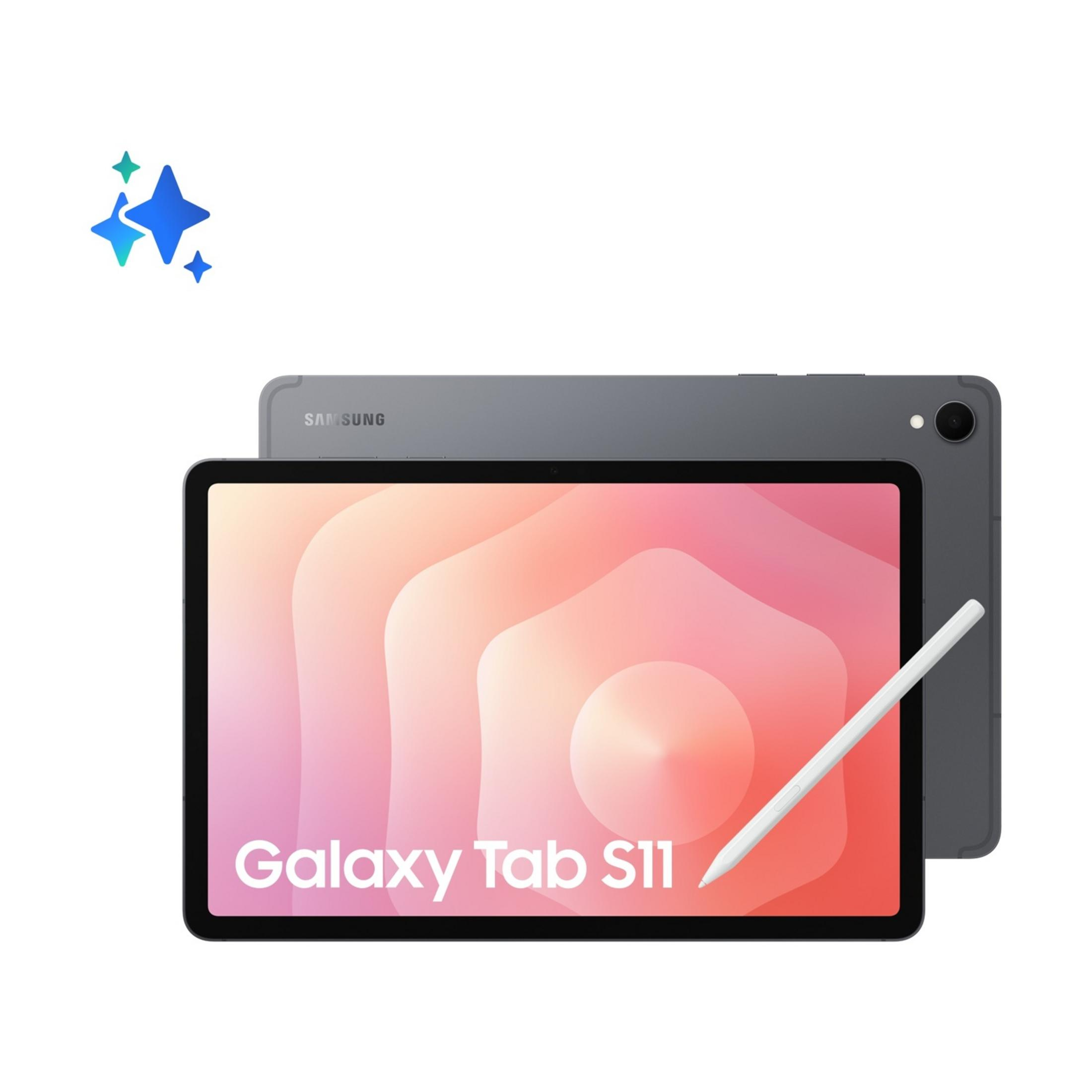 Un Samsung Galaxy Tab S11 grigio con stilo poggia su sfondo bianco.