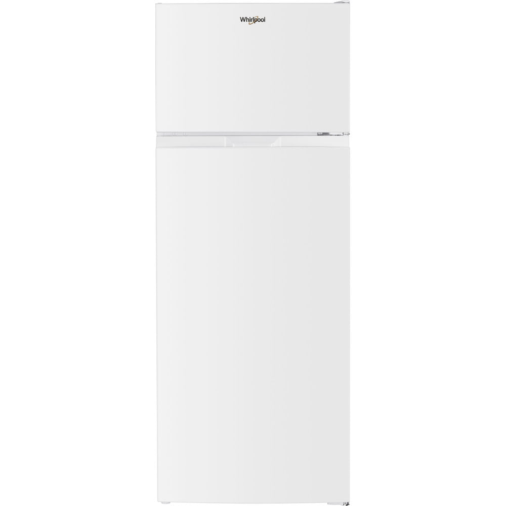 Un frigorífico blanco Whirlpool con congelador superior. Diseño minimalista.