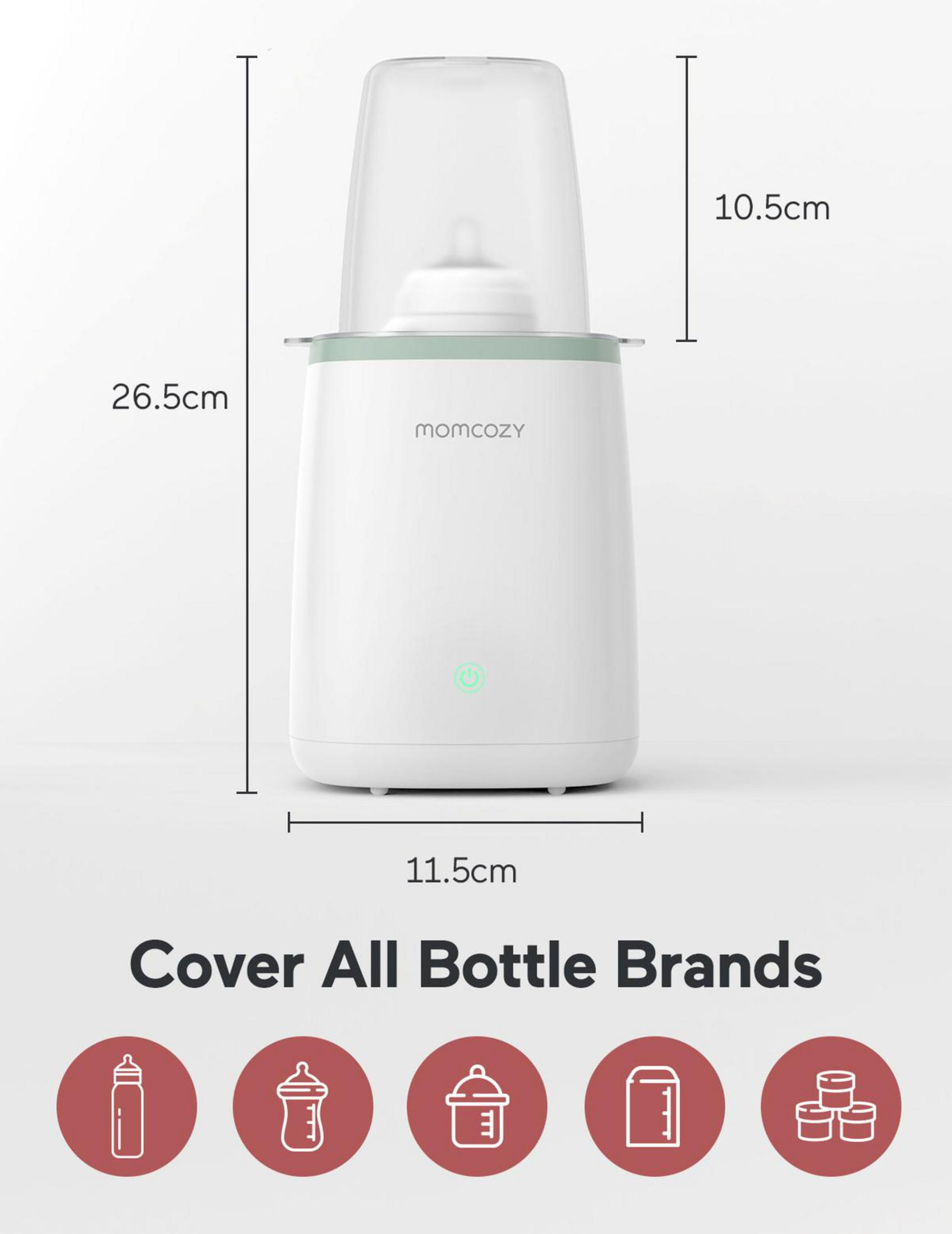 Een witte flessenwarmer met doorzichtige deksel, met afmetingen.