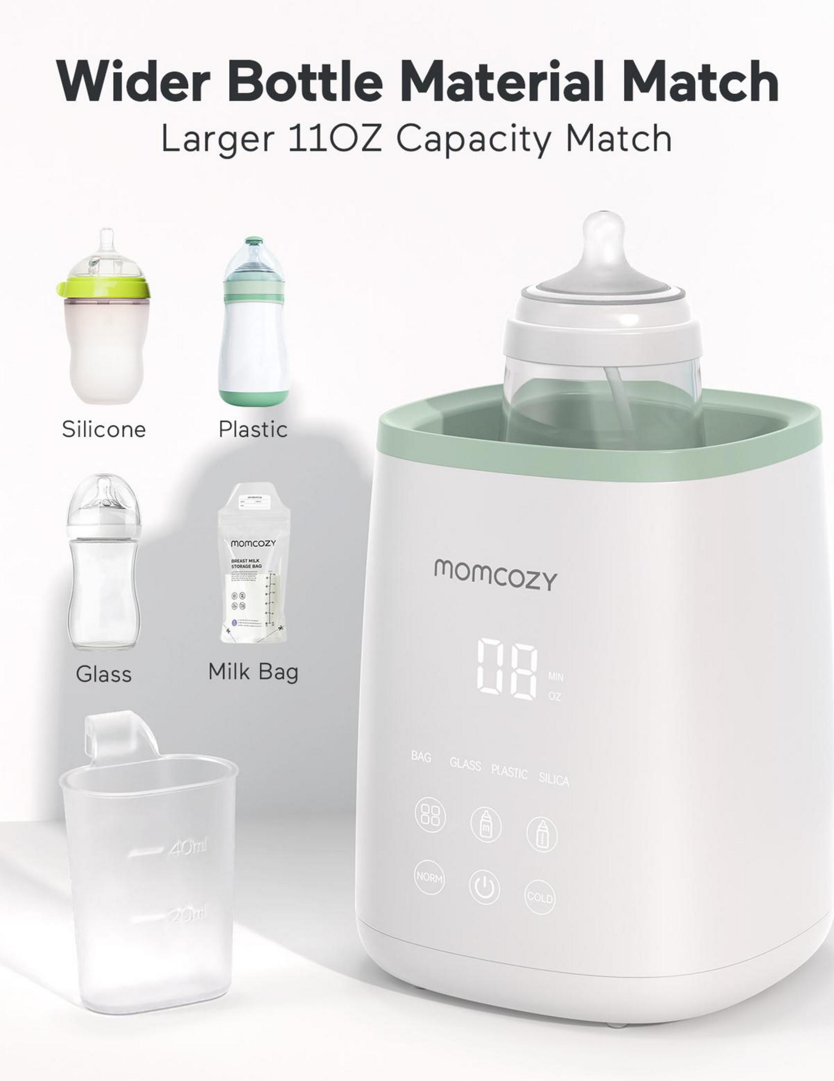 Een Momcozy flessenwarmer met siliconen, plastic, glazen flessen en melkzakjes.