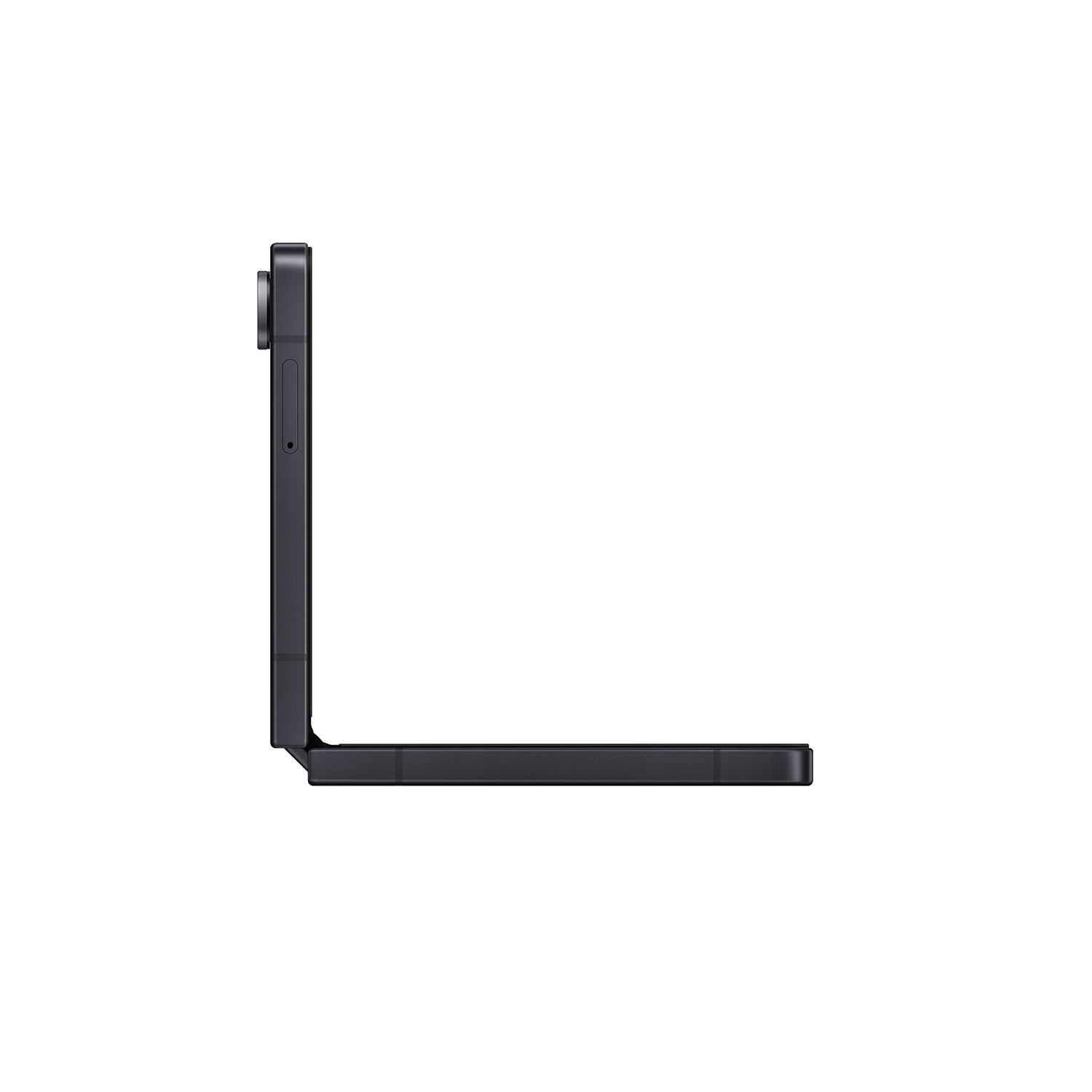 Un teléfono plegable oscuro con vista de cámara, sobre fondo blanco.
