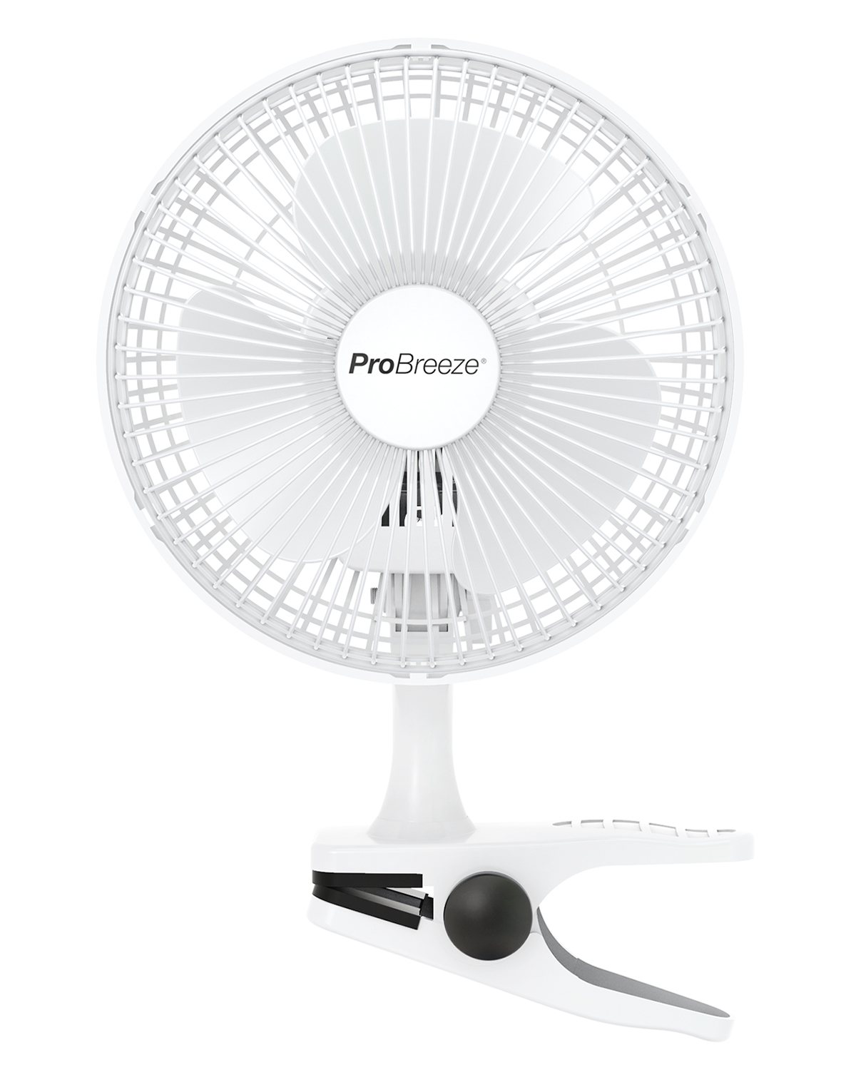 Ein kleiner weißer Ventilator mit Klemmfuß und ProBreeze-Logo.