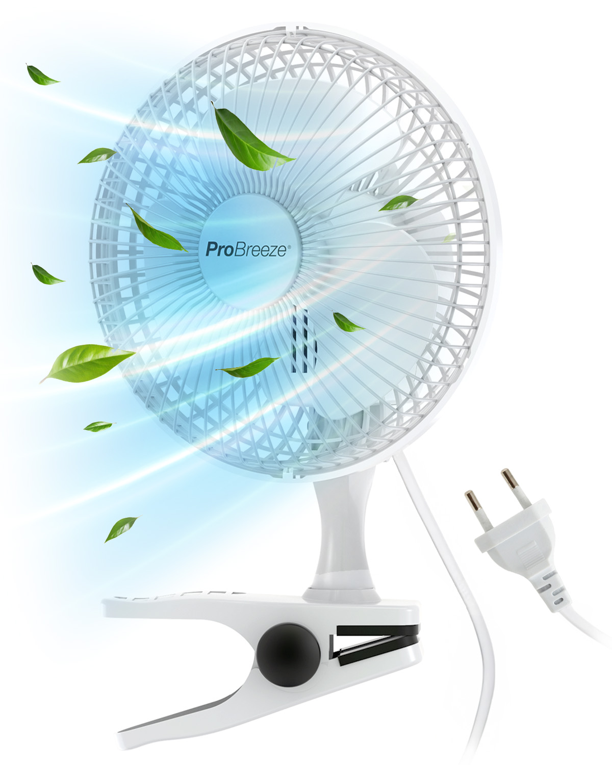 Ein weißer ProBreeze Ventilator mit Klemmfuß und Blättern, die vom Luftstrom davongetragen werden.