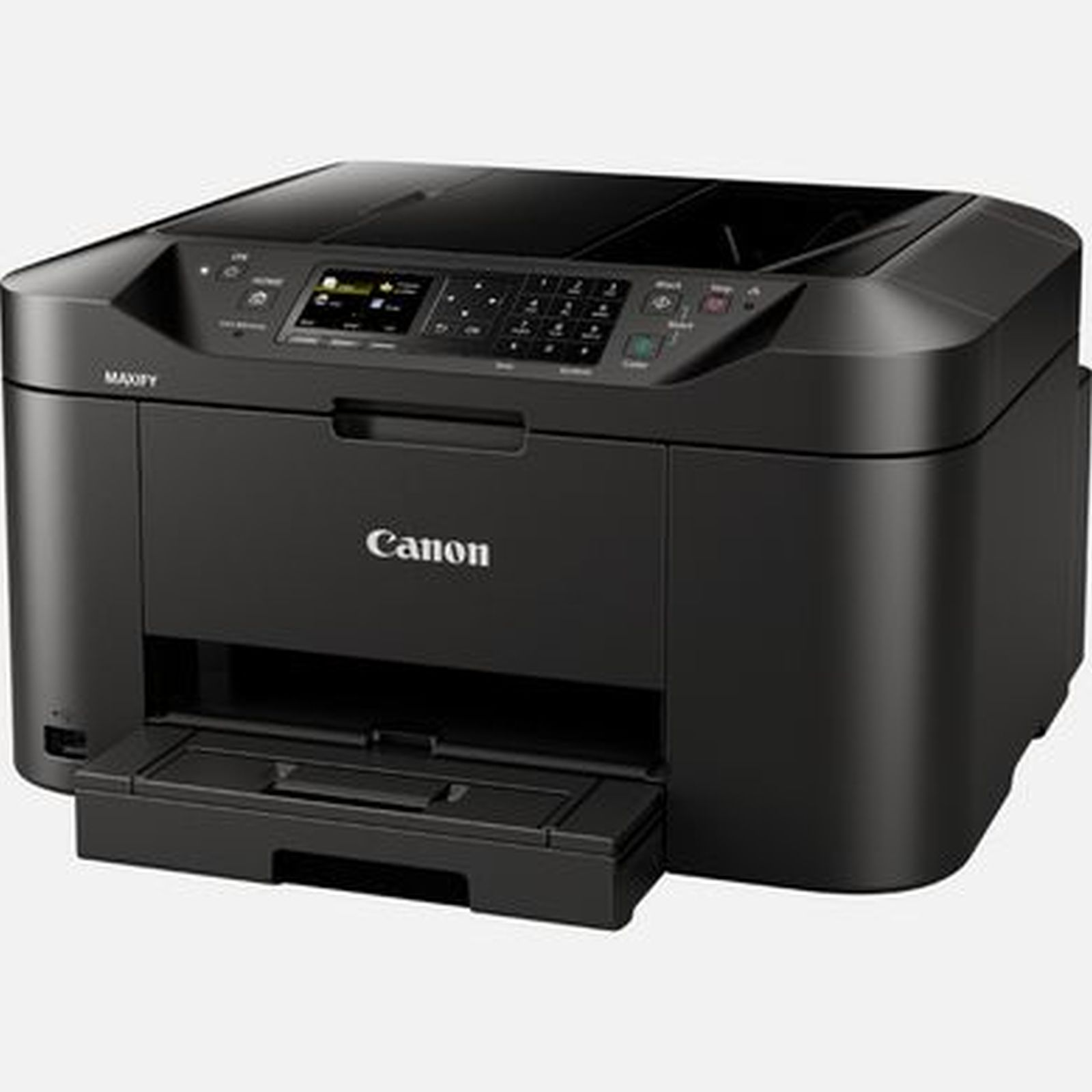 Ein schwarzer Canon MAXIFY Drucker mit Bedienfeld und Papierausgabefach.