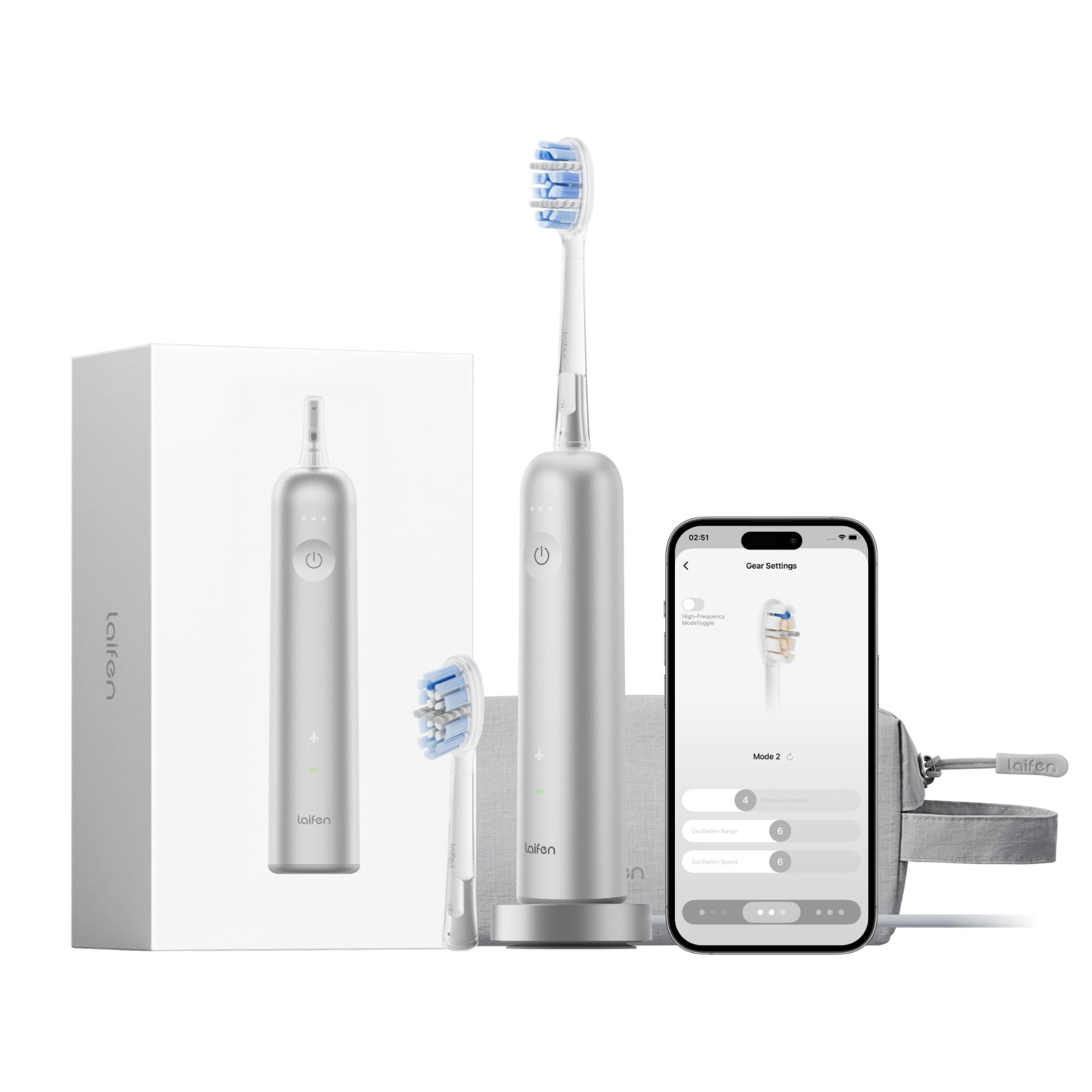 Set spazzolino elettrico argento con controllo app su smartphone.