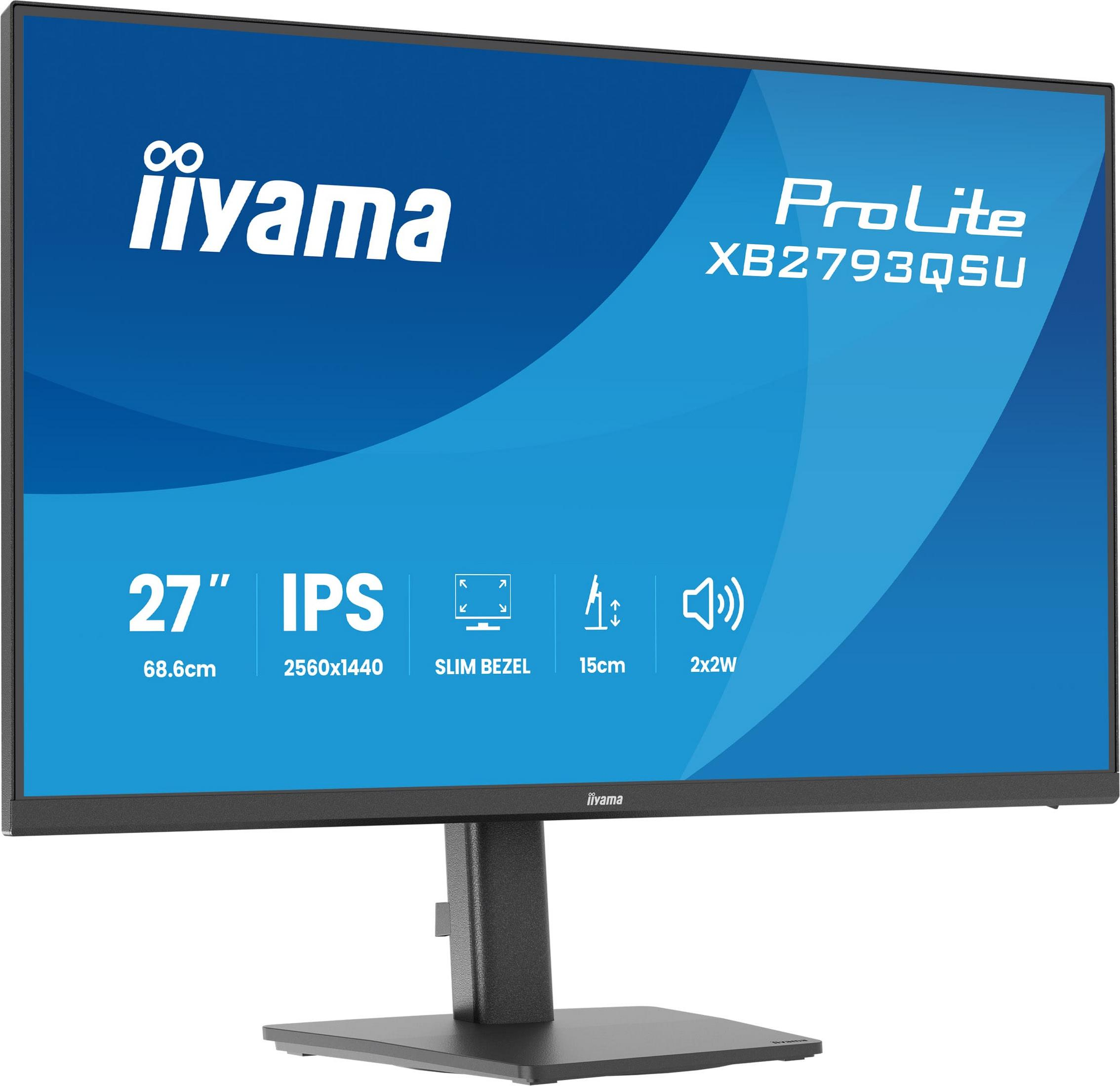 Czarny monitor Iiyama ProLite XB2793QSU na stojaku. Funkcje 27" IPS, rozdzielczość 2560x1440, wąska ramka.