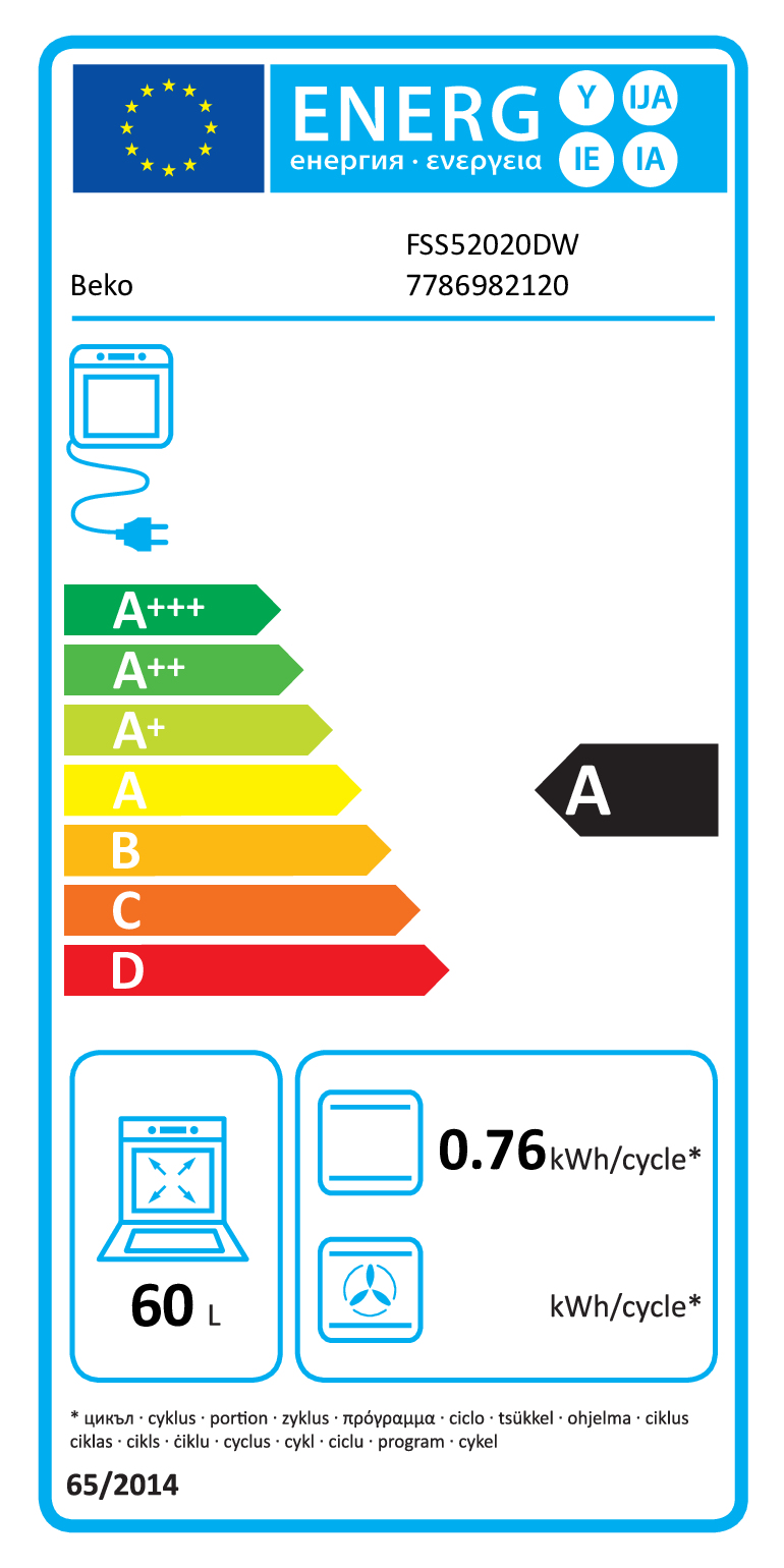 Etykieta efektywności energetycznej zmywarki Beko, klasa A, 0.76 kWh/cykl.