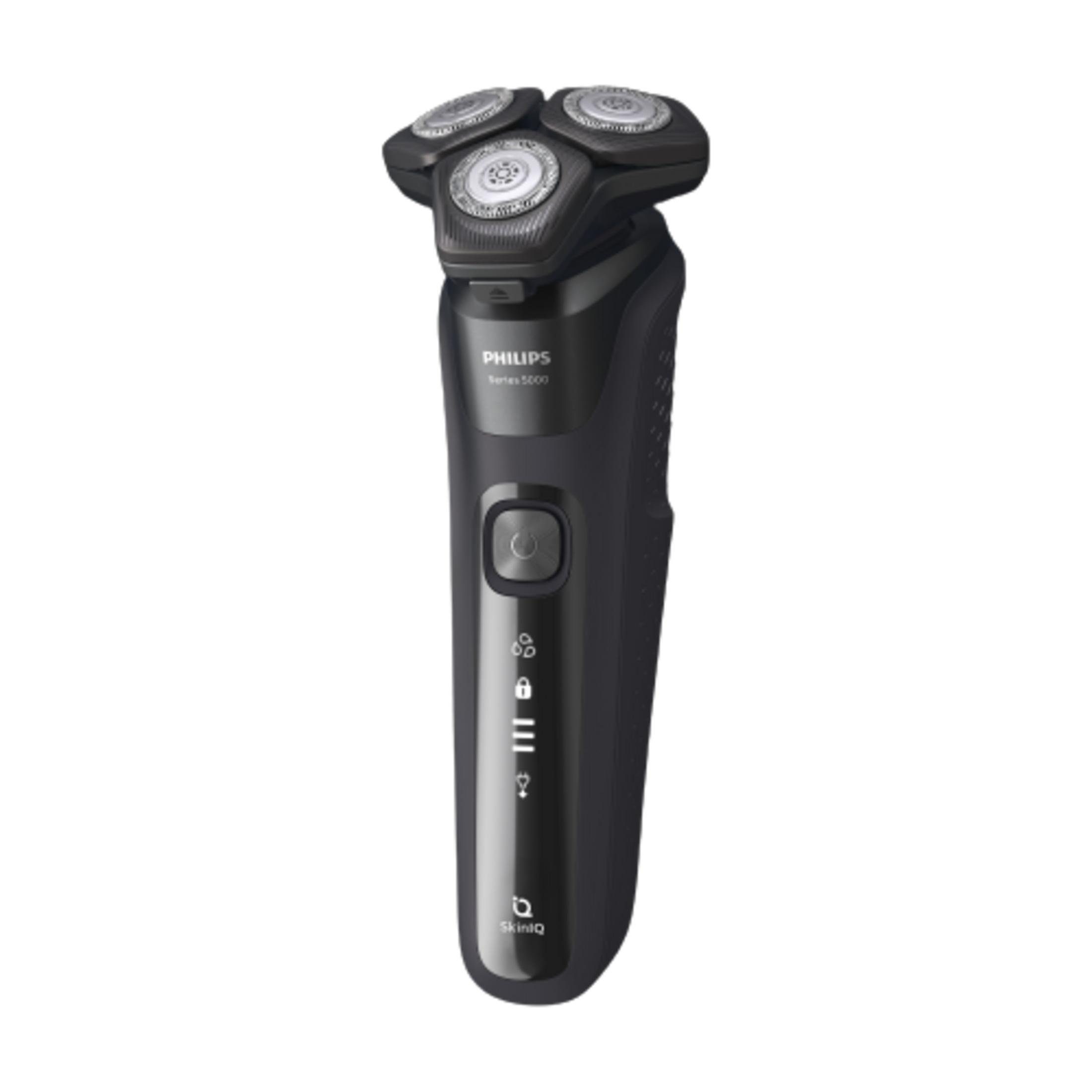 Rasoio elettrico Philips nero con tre testine rotanti e spie luminose.