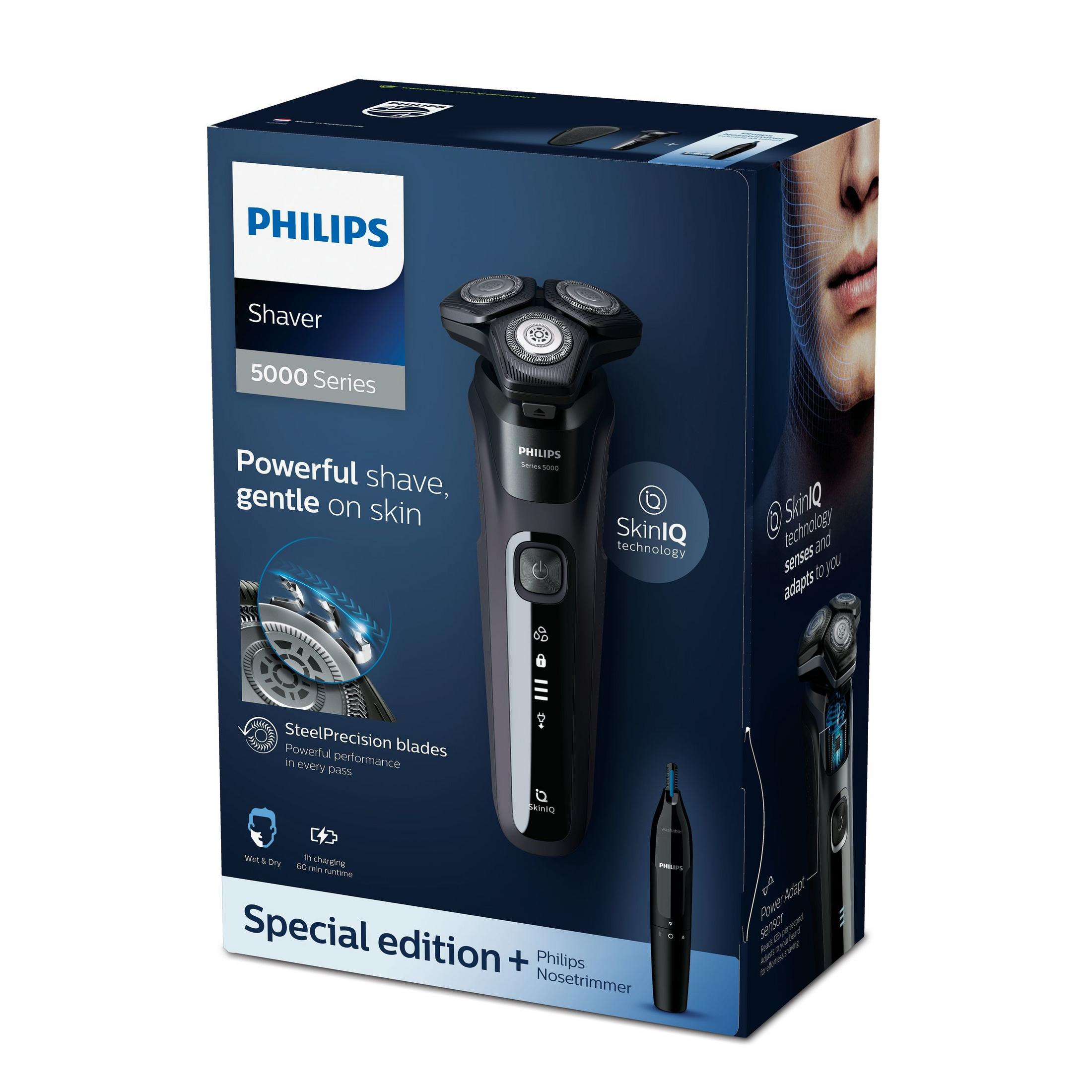 Confezione di un rasoio Philips Serie 5000 con rifinitore, tecnologia SkinIQ.