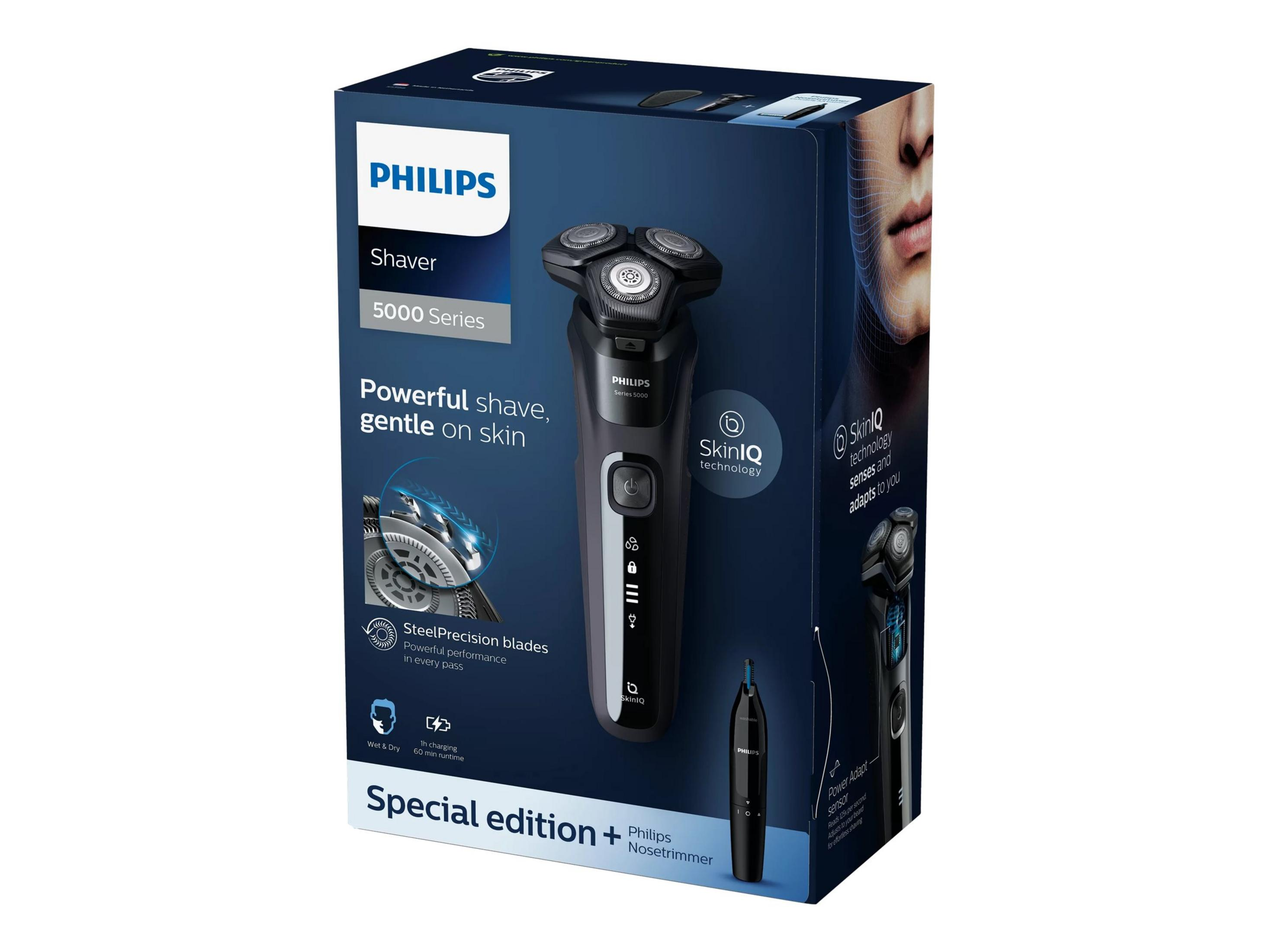 Philips Rasoio Serie 5000 su scatola scura con primo piano di un volto.