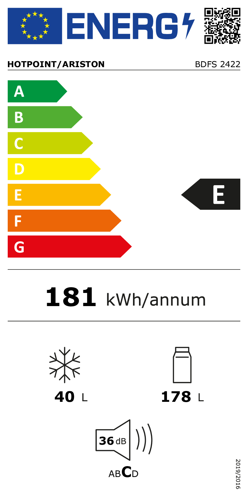 Etichetta energetica Hotpoint/Ariston BDFS 2422, classe E, 181 kWh/anno, freezer 40L, frigo 178L, 36dB.