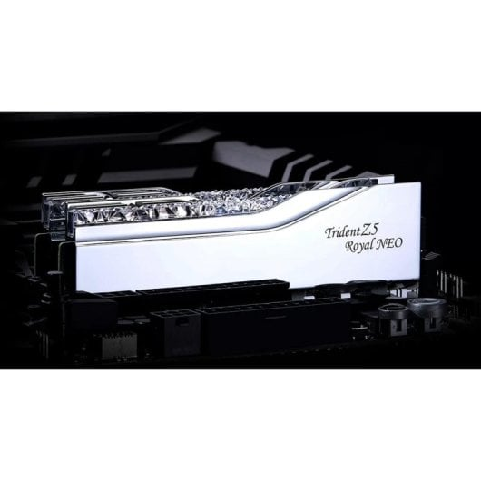 Un modulo RAM Trident Z5 Royal NEO argentato su una scheda madre nera.