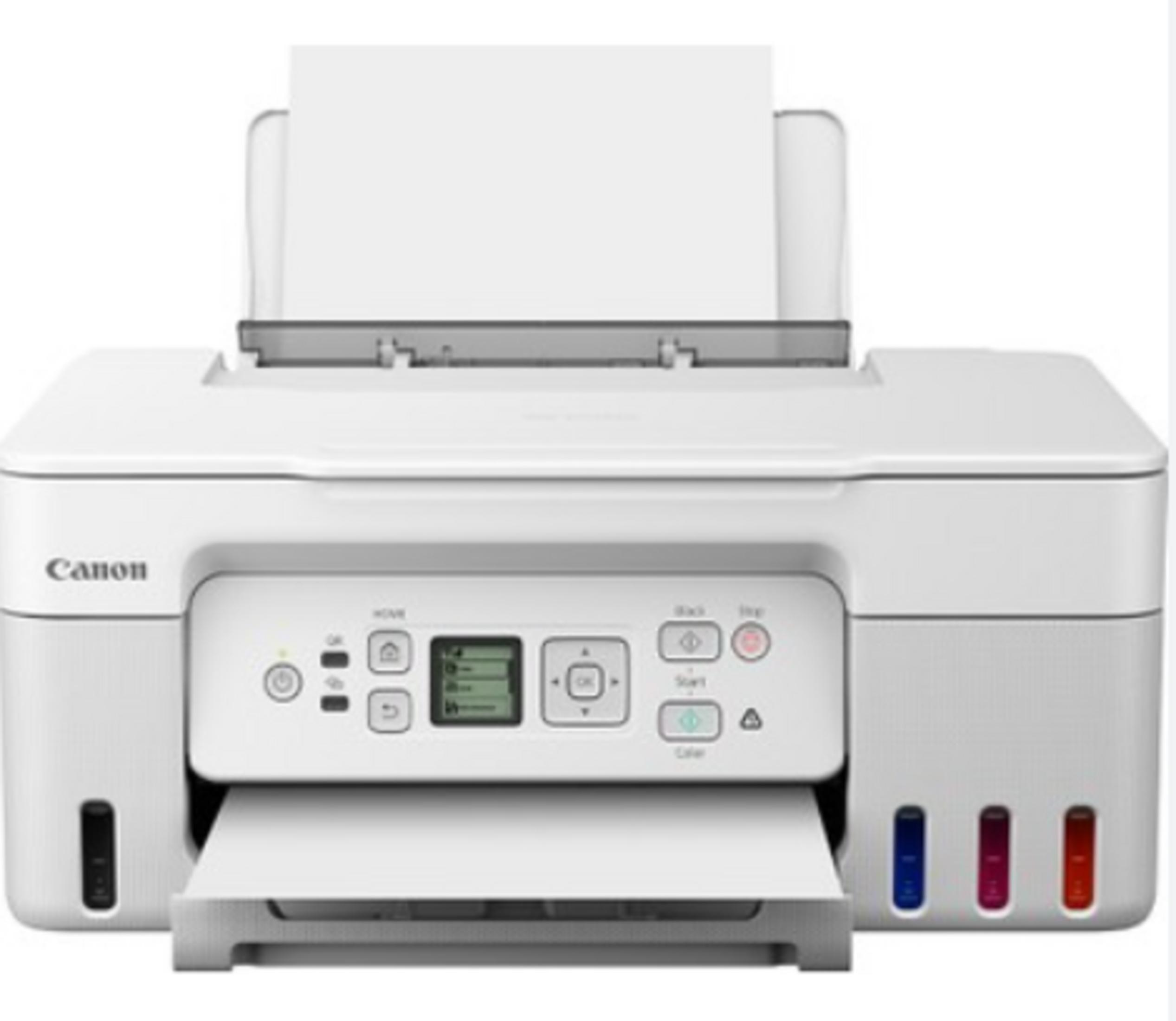 Una impresora Canon blanca con papel en el alimentador y panel de control.