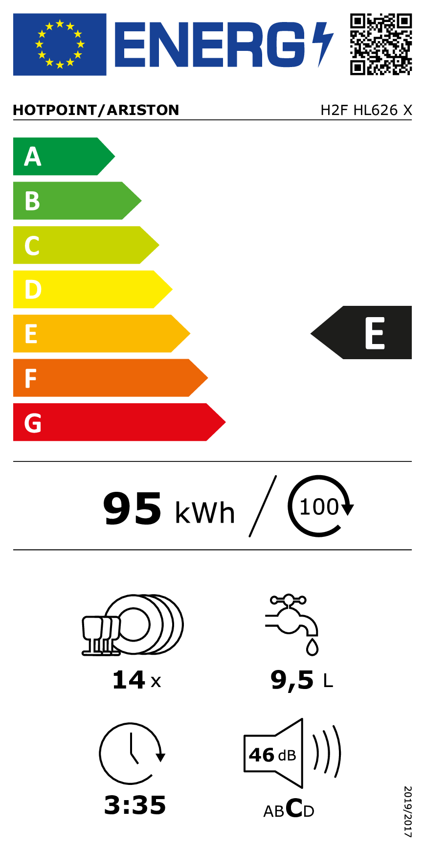 Etichetta energetica Hotpoint/Ariston H2F HL626 X, classe E. 95 kWh/100 cicli.