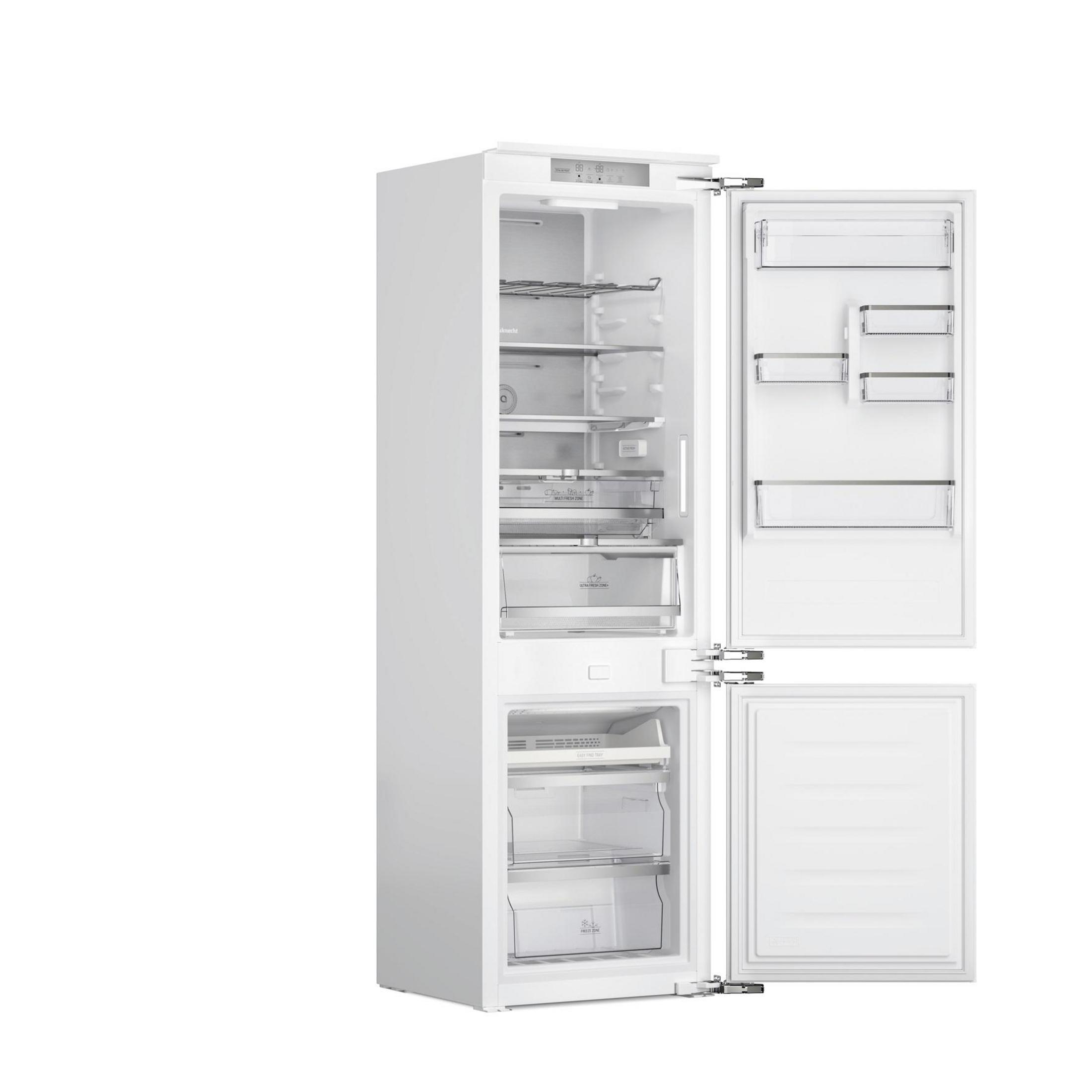 Ein weißer Kühlschrank mit geöffneter Tür und mehreren Fächern.
