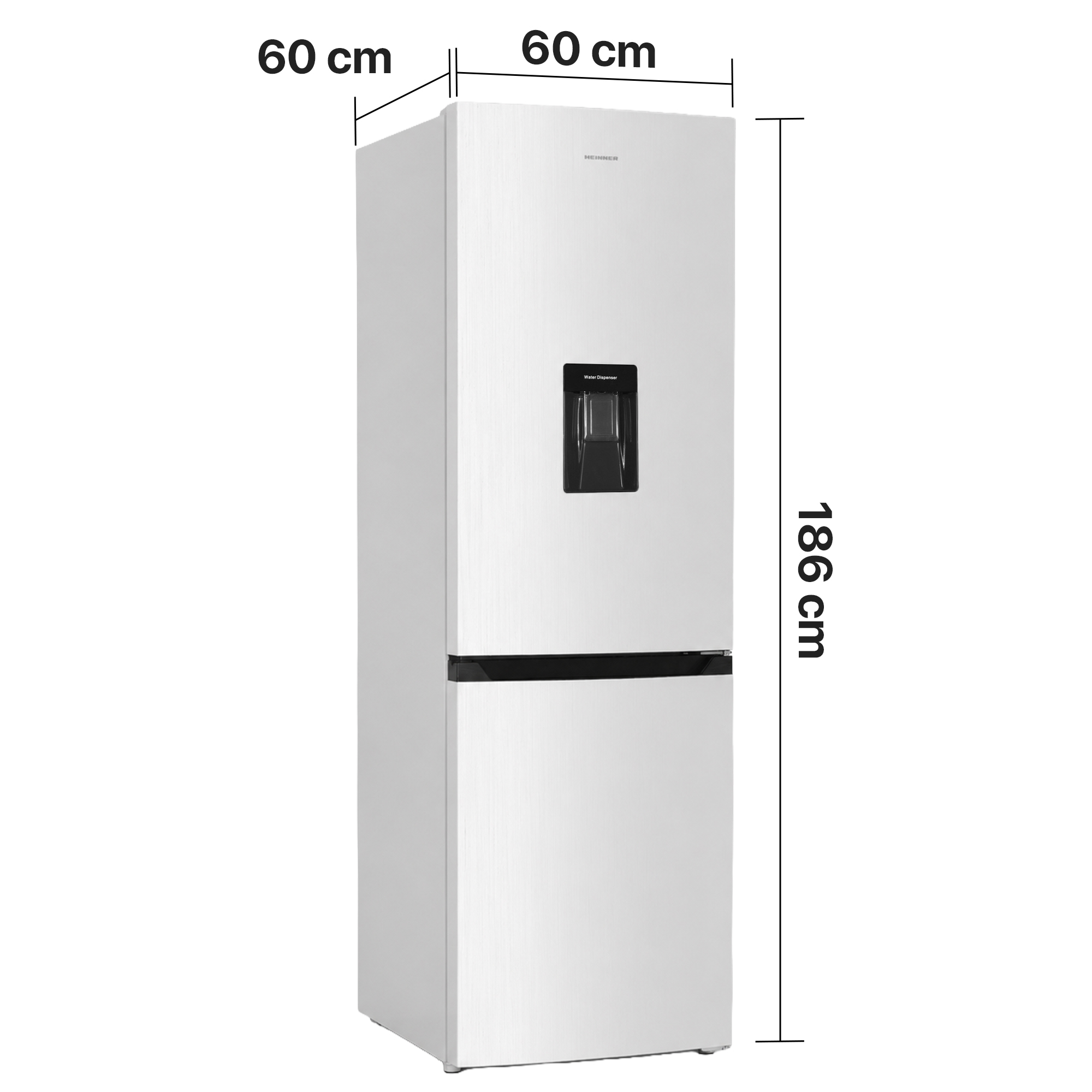 Een witte koelkast met waterdispenser, 60x60x186 cm.