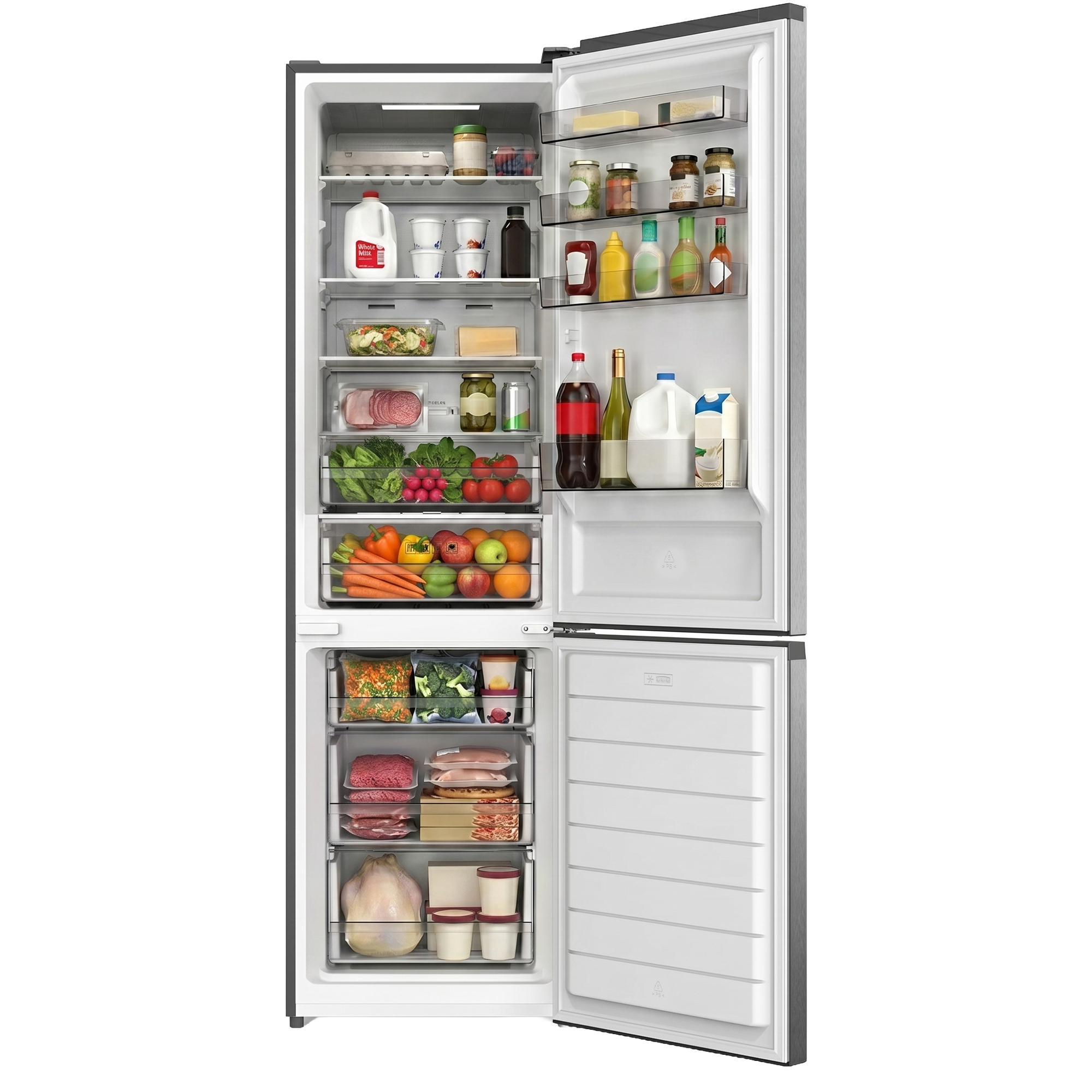 Ein offener Kühlschrank mit Lebensmitteln, darunter Gemüse, Obst, Fleisch und Getränke.