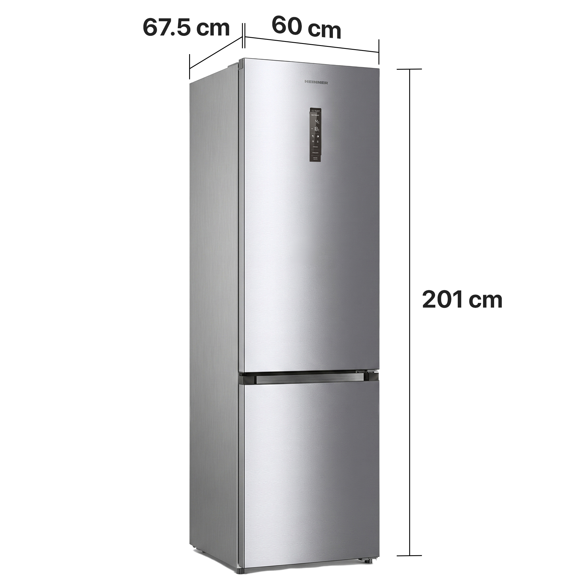 Silberner Kühlschrank, 201 cm hoch, 67,5 cm breit, 60 cm tief.