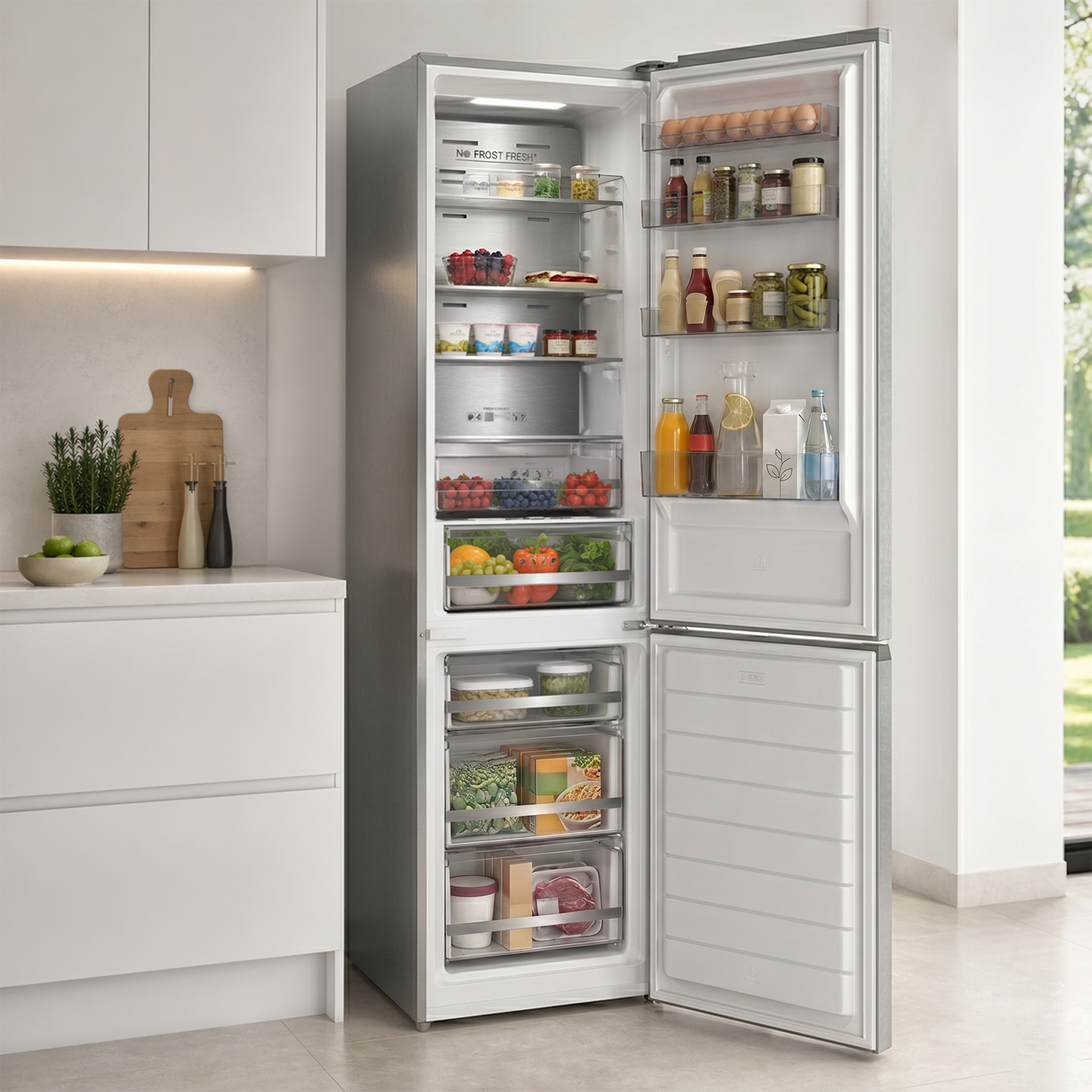 Offener Kühlschrank mit Lebensmitteln wie Eiern, Obst, Gemüse und Flaschen.