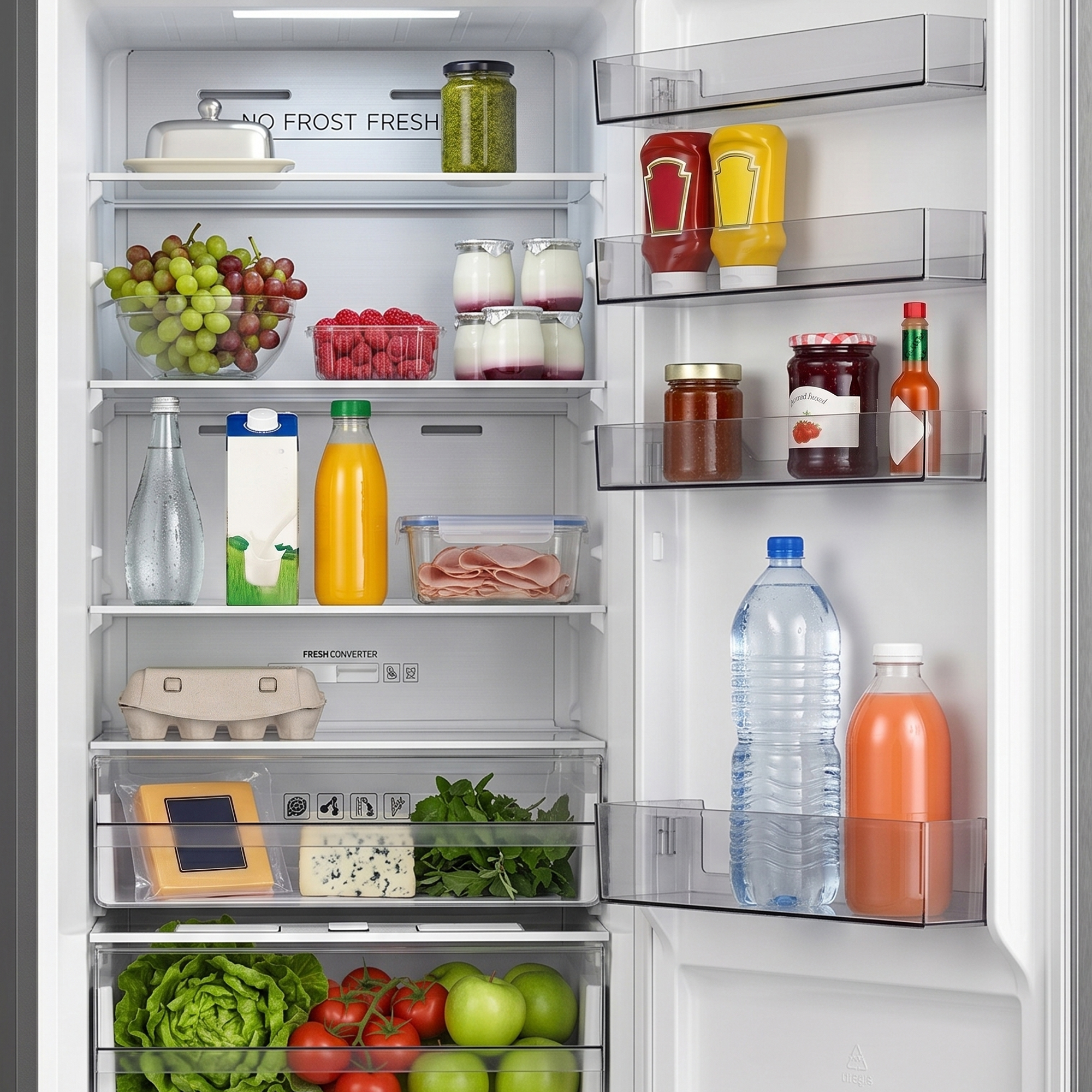 Ein offener Kühlschrank mit Lebensmitteln: Früchte, Gemüse, Getränke, Käse, Aufschnitt.