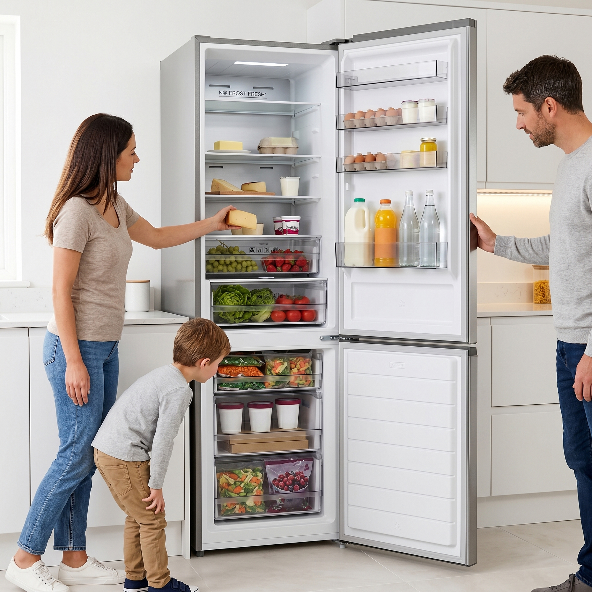 Eine Familie schaut in einen offenen Kühlschrank mit Lebensmitteln.