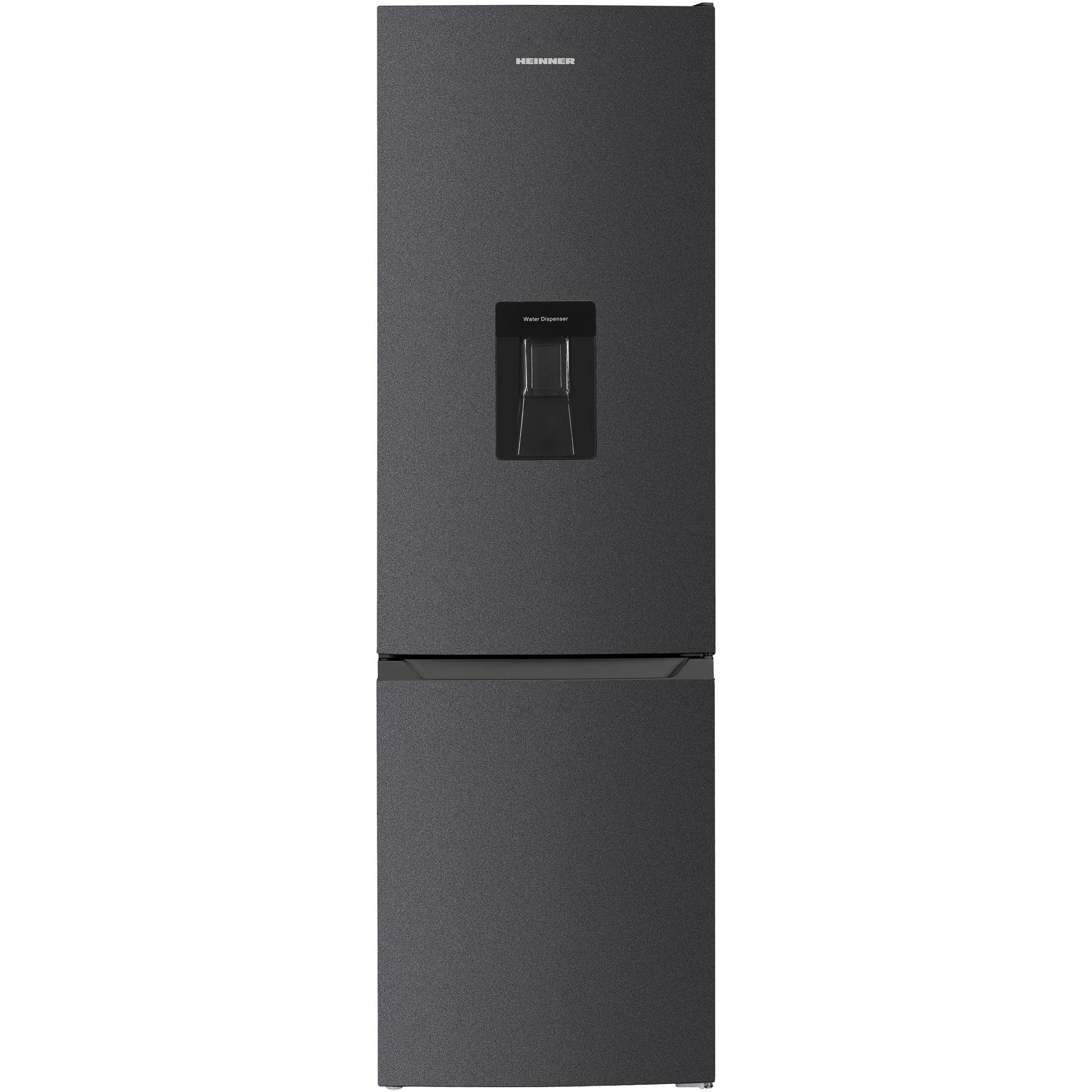 Dunkelgrauer Kühlschrank mit Wasserspender und silbernem Logo oben.
