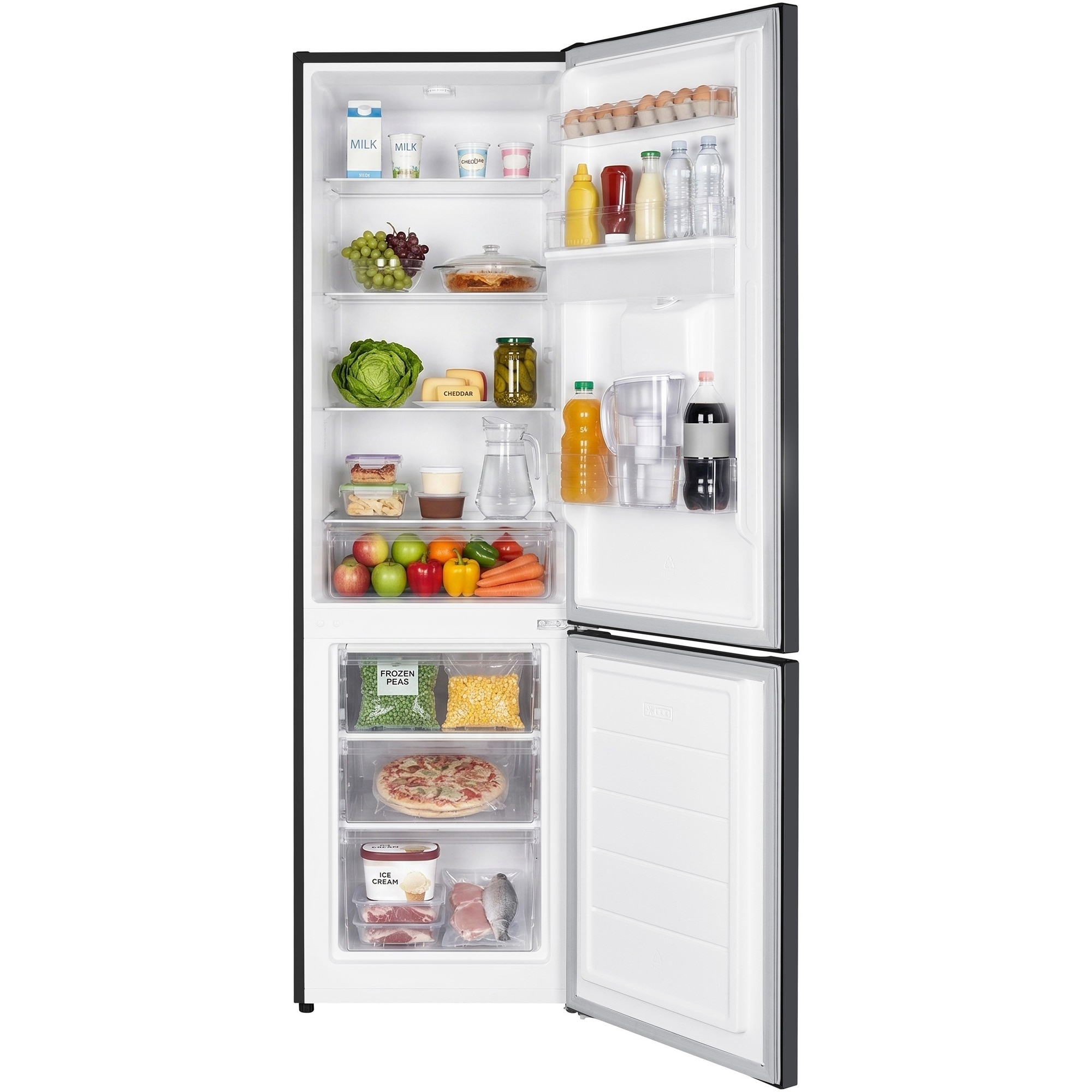 Ein offener schwarzer Kühlschrank mit Lebensmitteln wie Milch, Eiern, Obst und Gemüse.