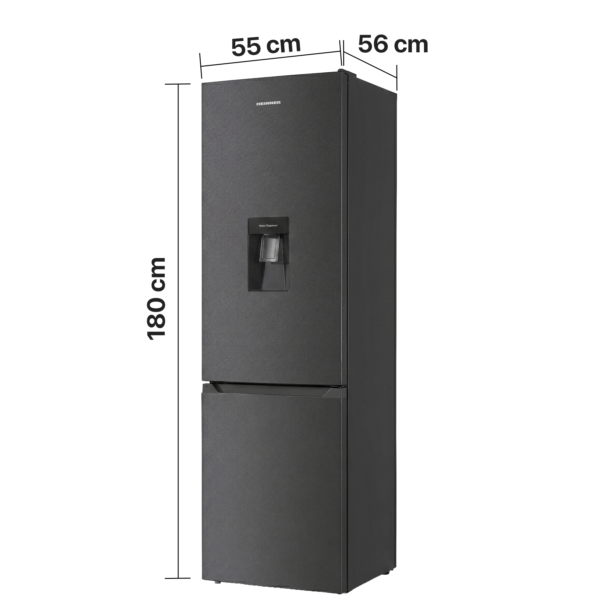 Ein schwarzer Kühlschrank ist 180 cm hoch, 55 cm breit und 56 cm tief.