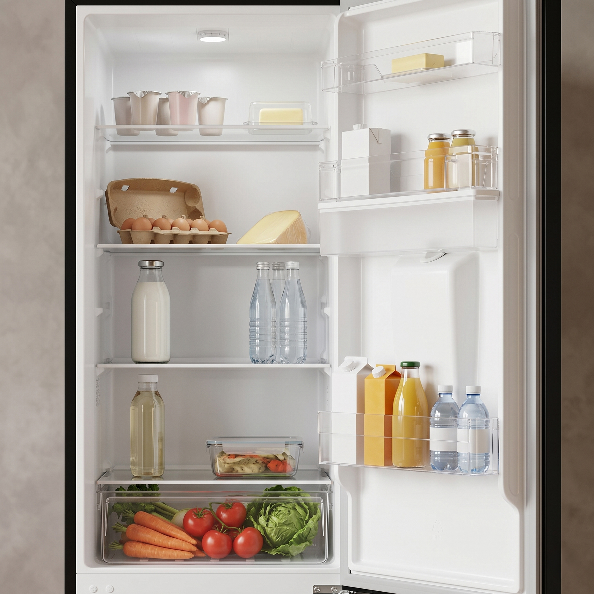 Gefüllter Kühlschrank mit Lebensmitteln: Joghurt, Eier, Käse, Milch, Saft, Wasser, Gemüse.