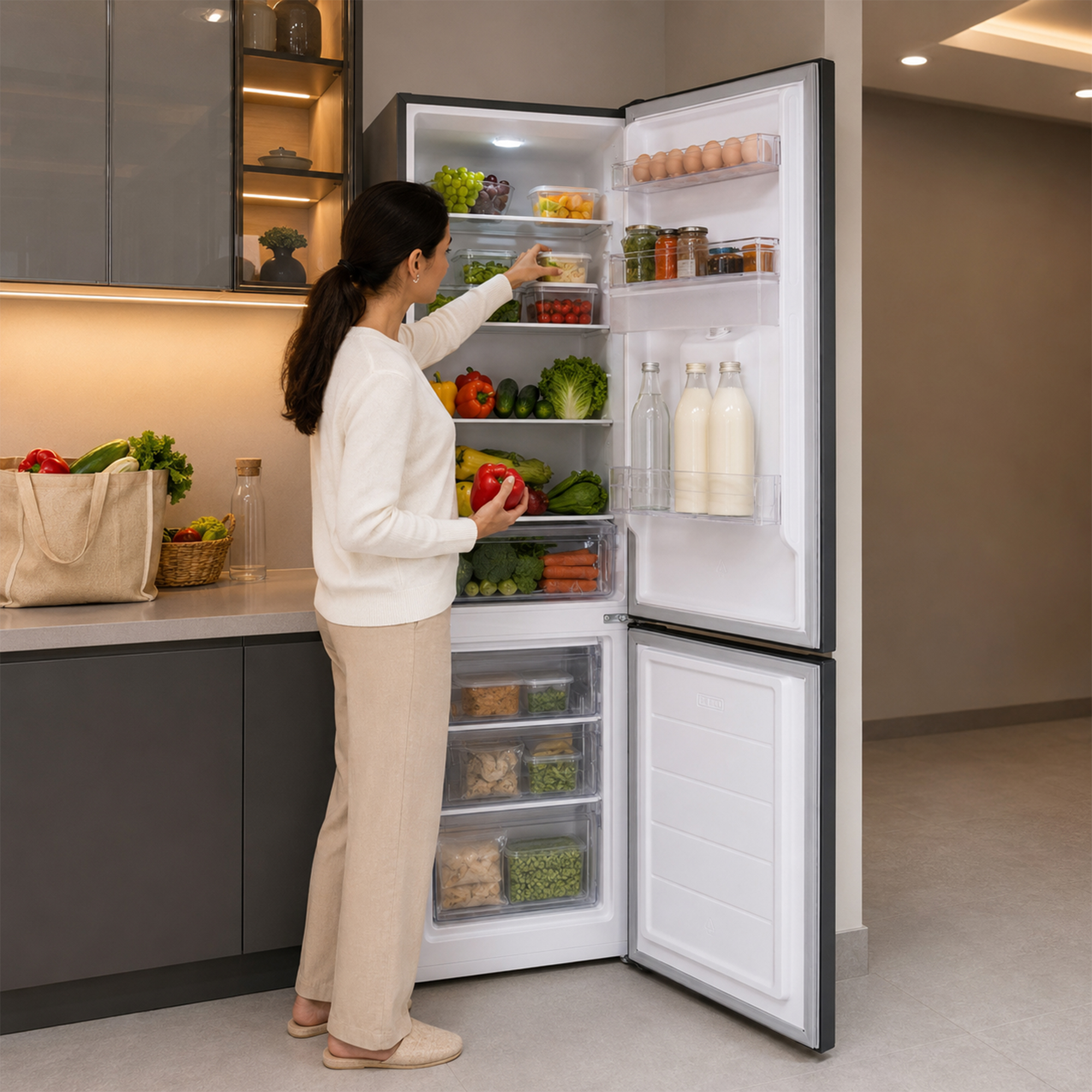 Eine Frau sortiert Lebensmittel in einem Kühlschrank. Darin sind Früchte, Gemüse und Eier.