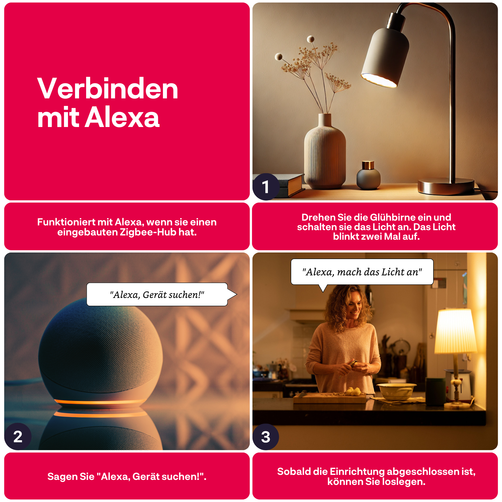 Vier Kacheln zeigen Schritte zur Verbindung mit Alexa, einem Licht und einer Frau.