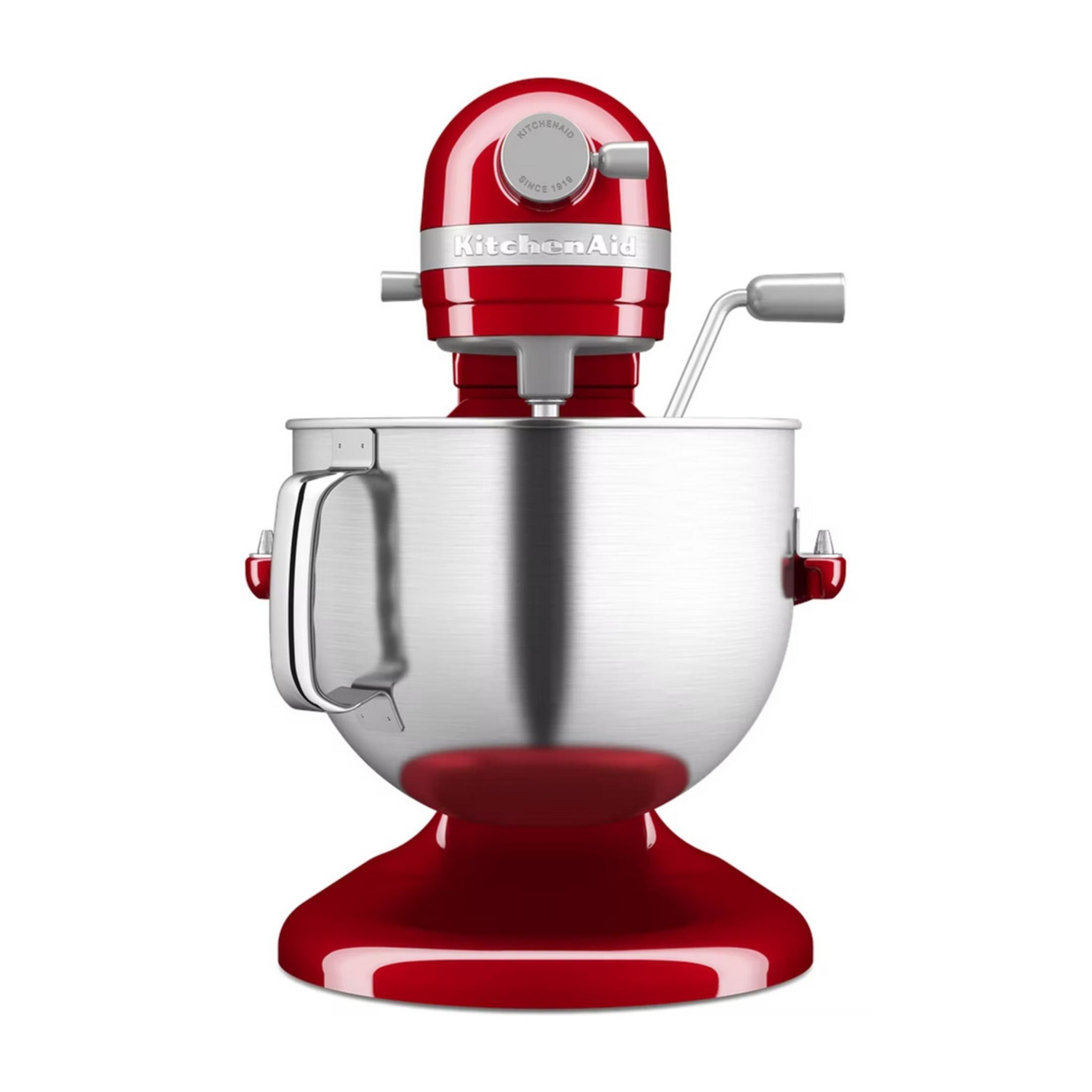Ein roter KitchenAid Standmixer mit silberner Schüssel und silbernem Rührbesen.