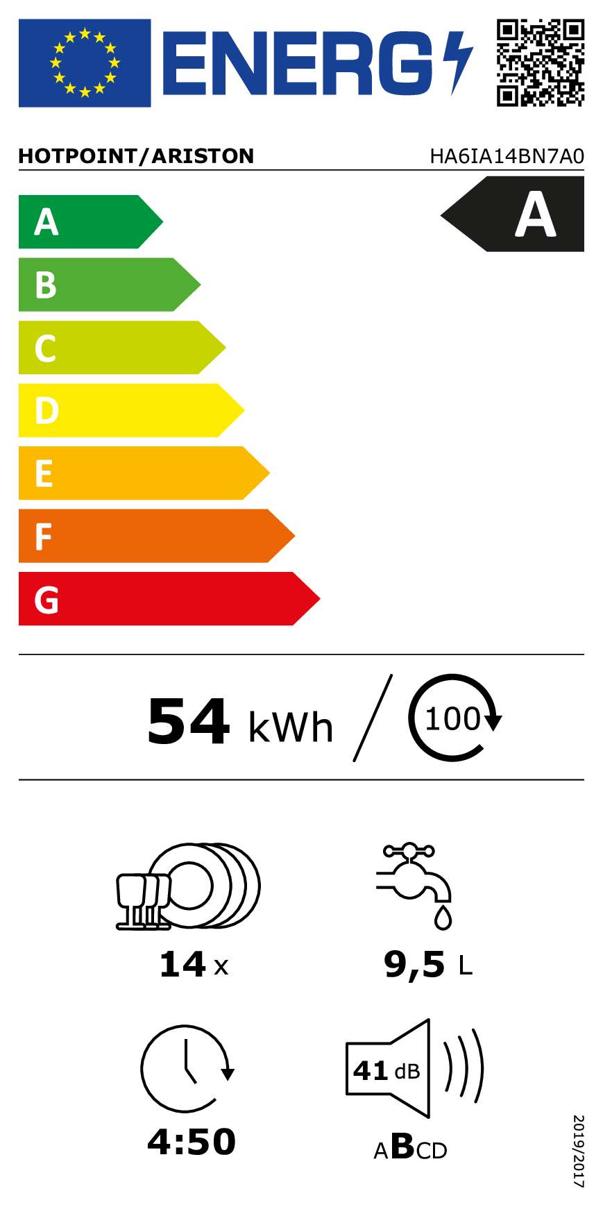 Etichetta energetica lavastoviglie Hotpoint/Ariston, classe A, 54 kWh, 14 coperti, 9,5 L, 4:50 ore, 41 dB.