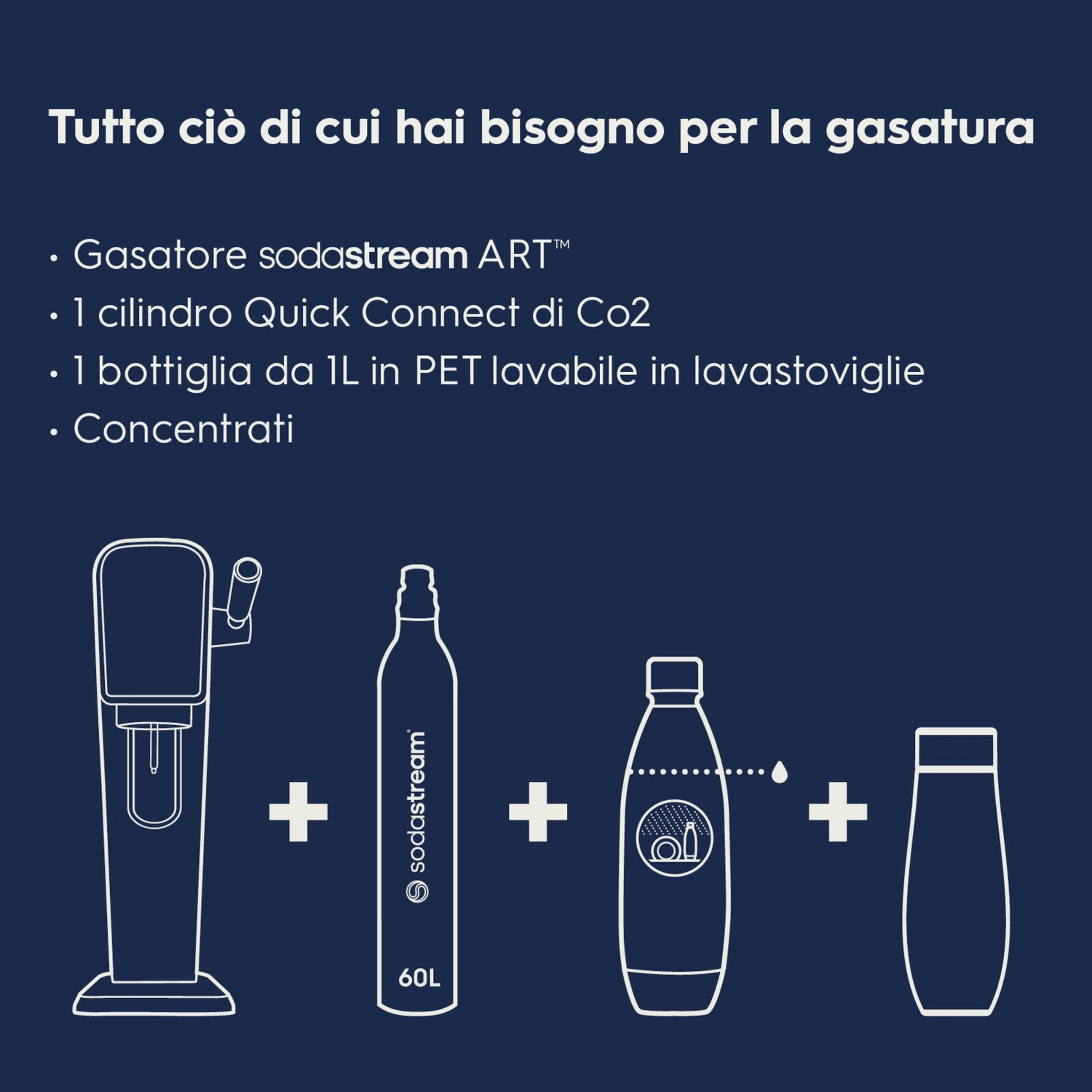 SodaStream ART Wassersprudler, CO2-Zylinder, 1L Flasche, Konzentrate.
