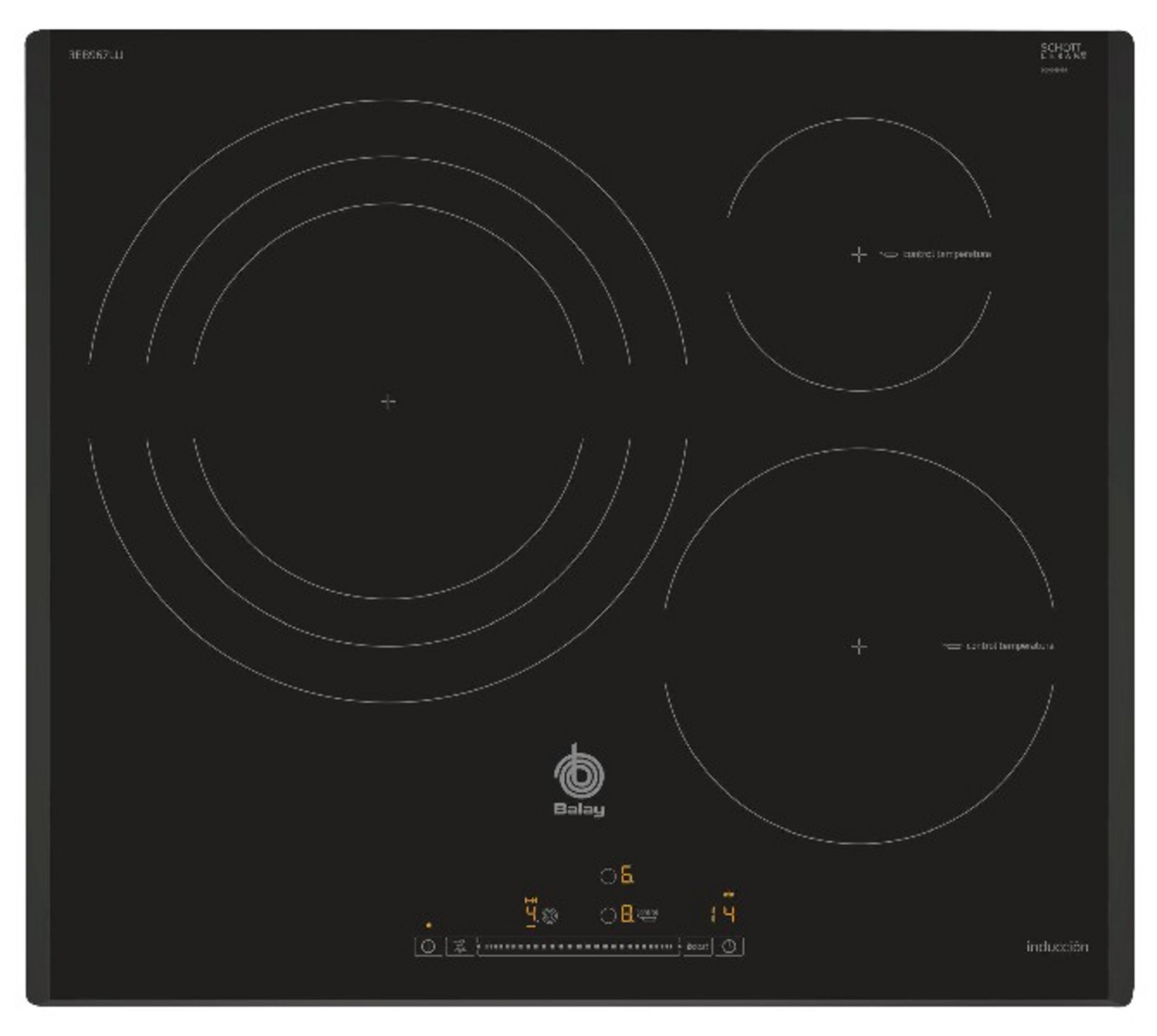 Placa de inducción negra con tres zonas de cocción y pantalla digital.