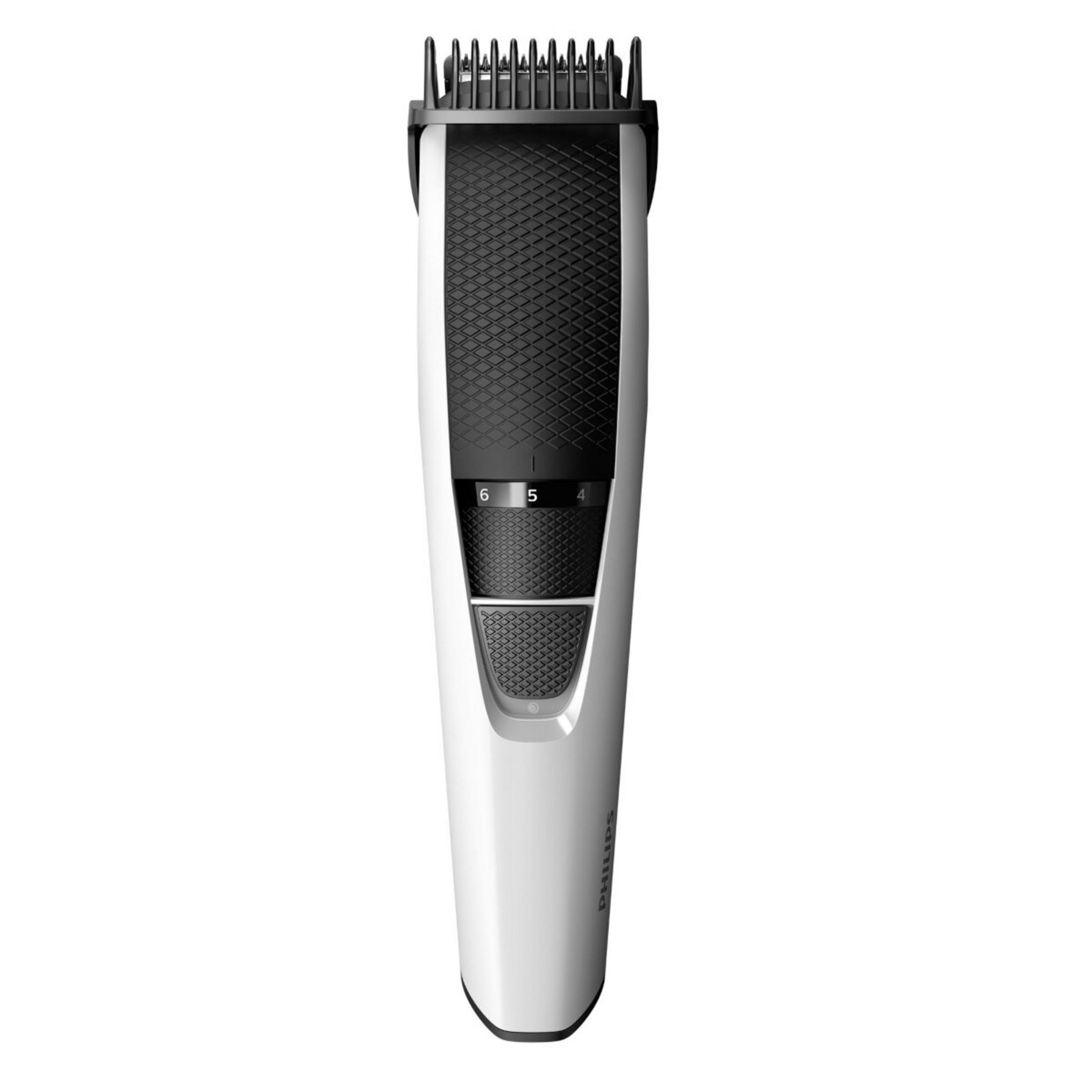 Regolabarba Philips bianco con impugnatura testurizzata nera e lunghezze regolabili.