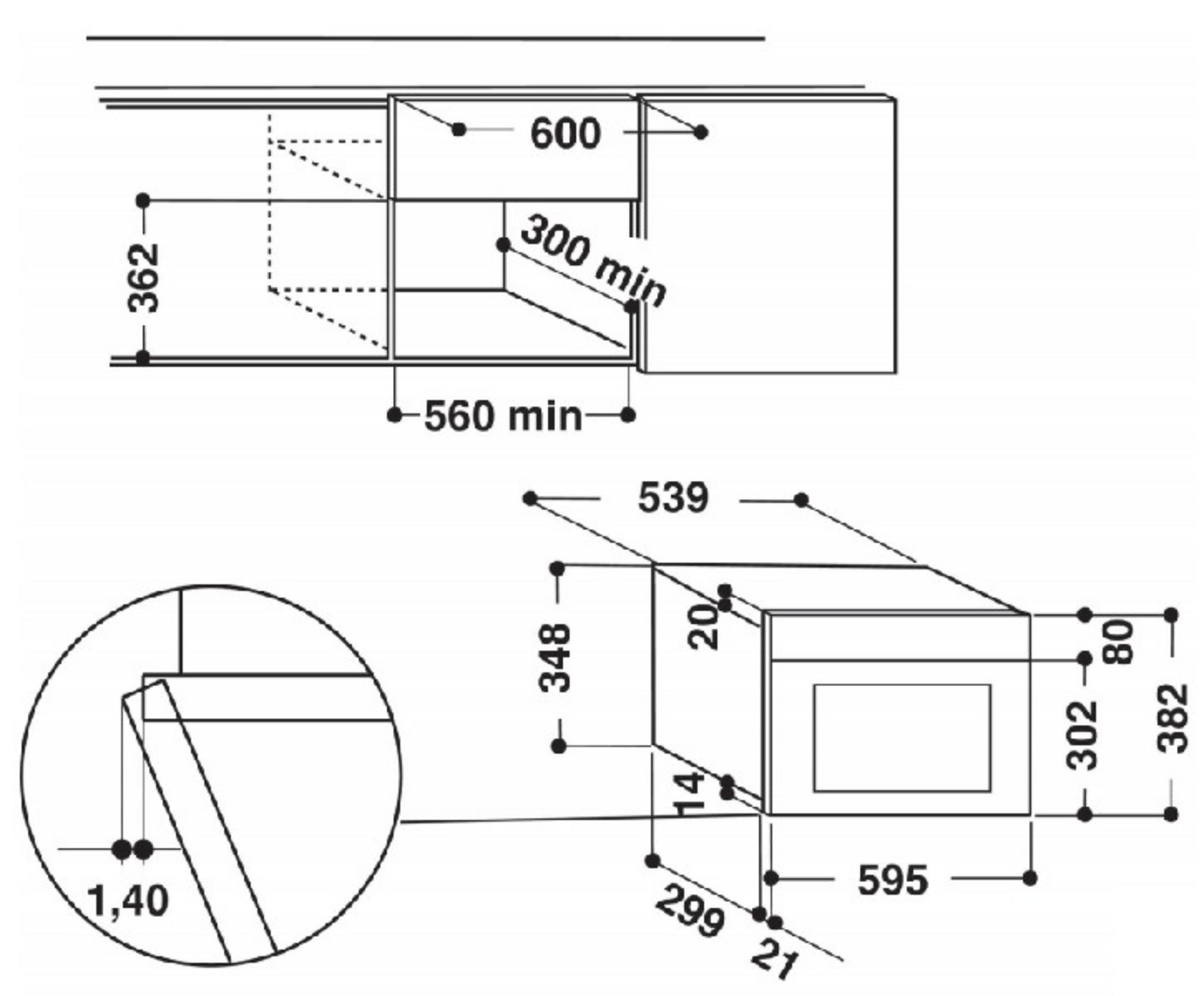 Disegno tecnico con dimensioni per elettrodomestici da incasso. Vista dall'alto sopra, vista frontale sotto.